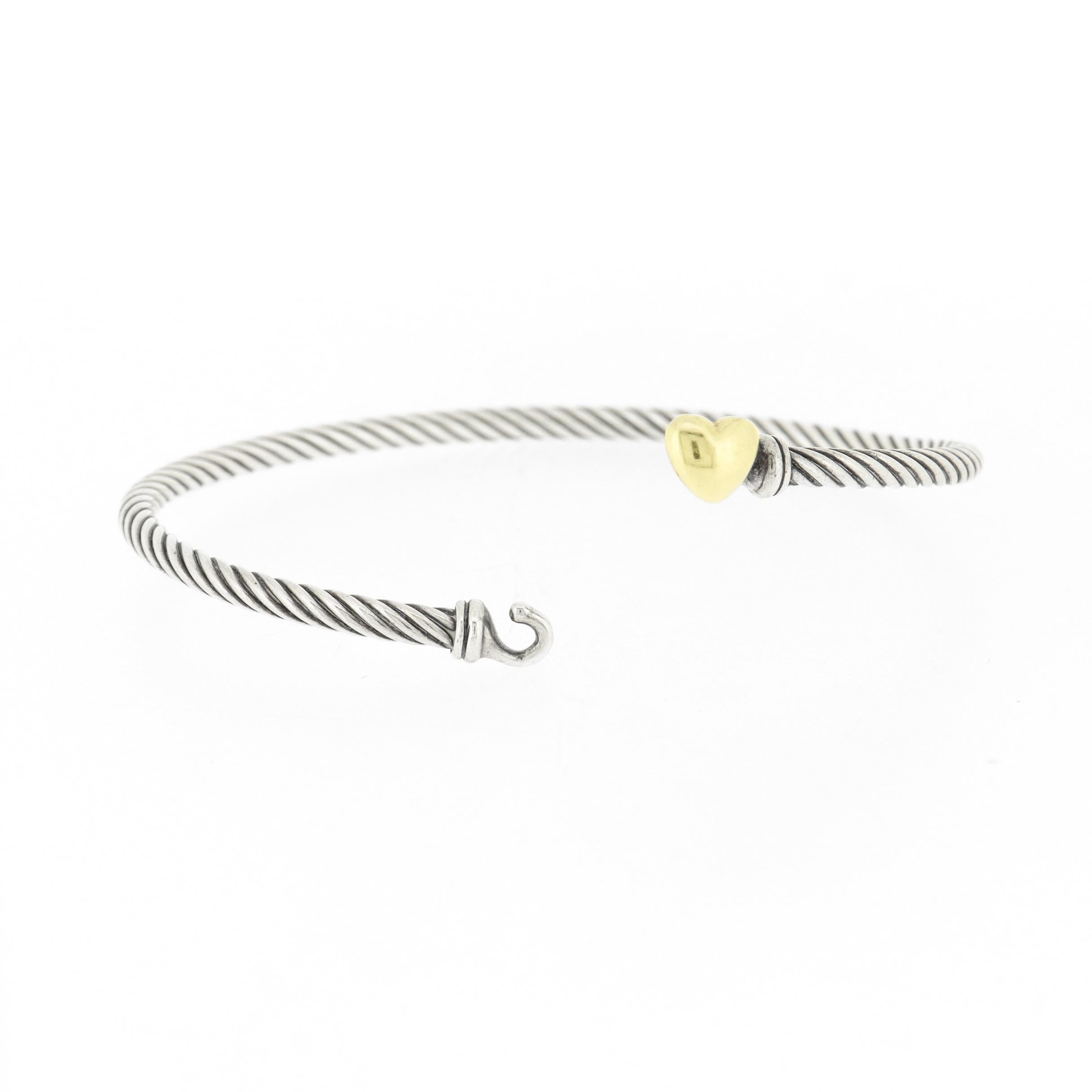 David Yurman Sterling Silver & 18K Gold 3mm Classic Cable Heart Station Bracelet For Sale 6