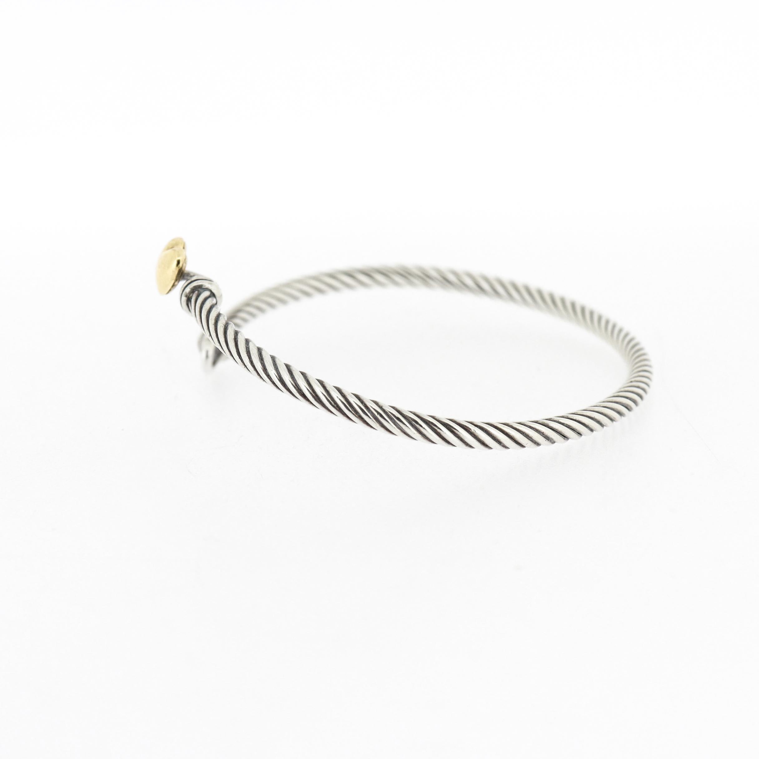 David Yurman Sterling Silver & 18K Gold 3mm Classic Cable Heart Station Bracelet For Sale 7