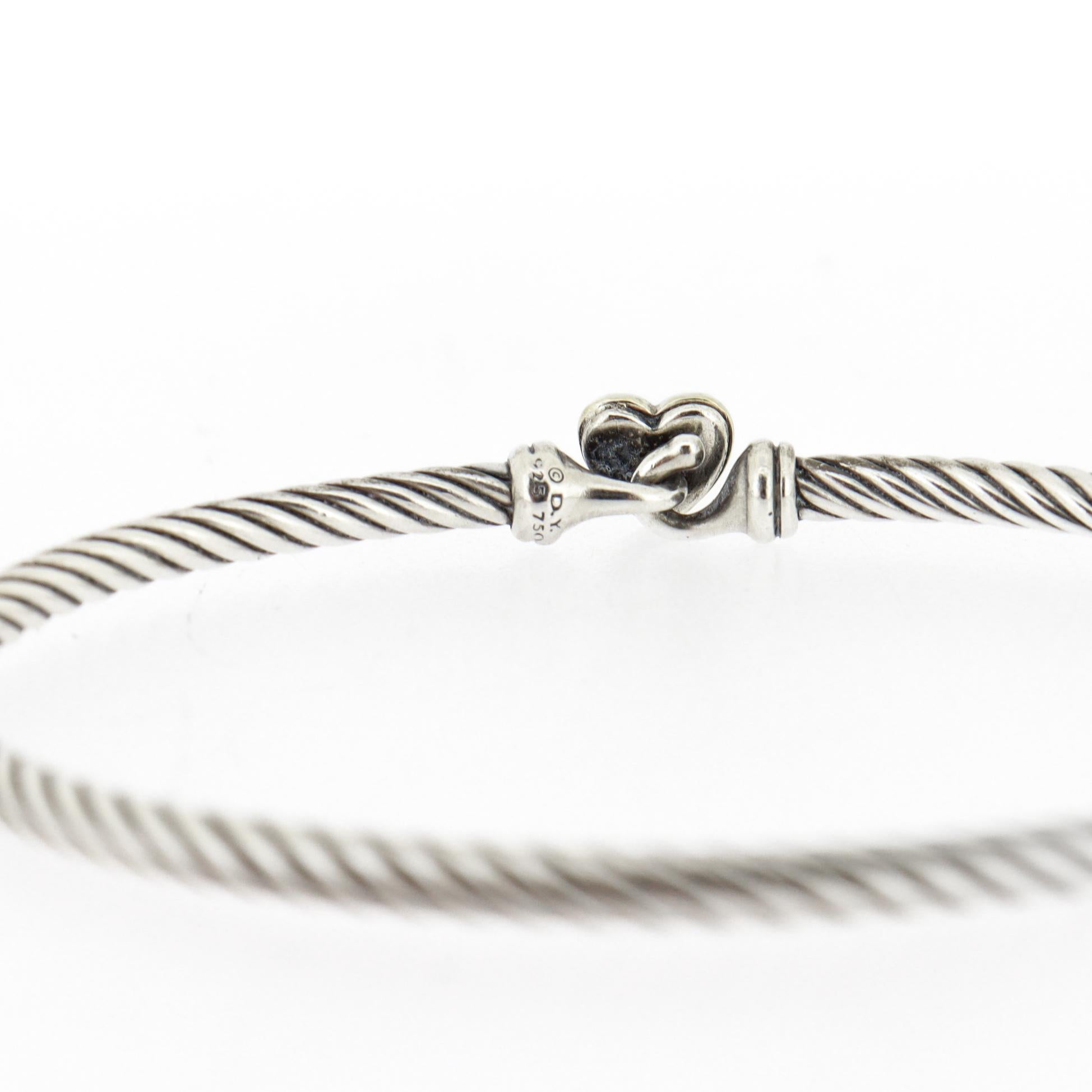 David Yurman Sterling Silver & 18K Gold 3mm Classic Cable Heart Station Bracelet For Sale 8
