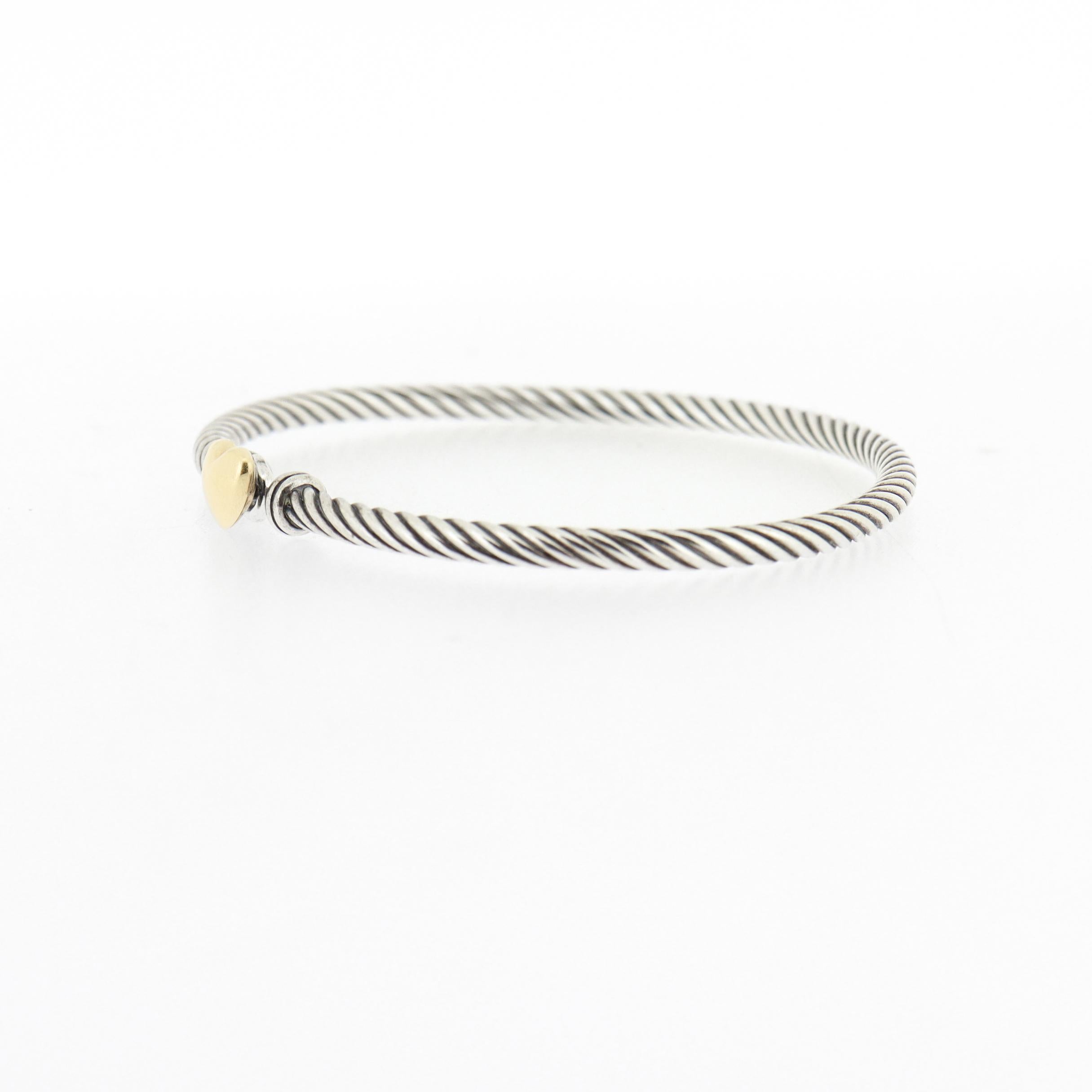 Women's David Yurman Sterling Silver & 18K Gold 3mm Classic Cable Heart Station Bracelet For Sale