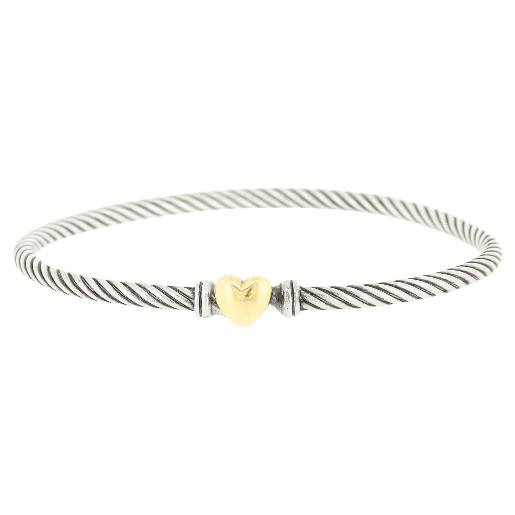 David Yurman Sterling Silver & 18K Gold 3mm Classic Cable Heart Station Bracelet For Sale