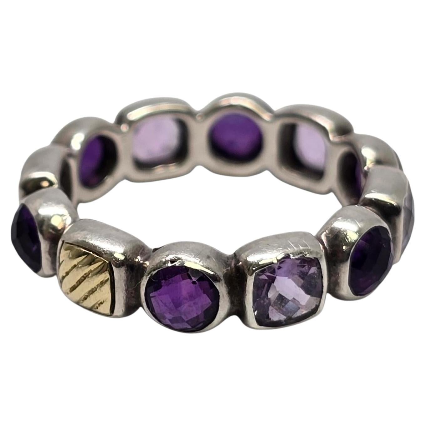 David Yurman Sterling Silver 18K Gold Amethyst Chiclet Band Ring Size 7 #24095 in vendita