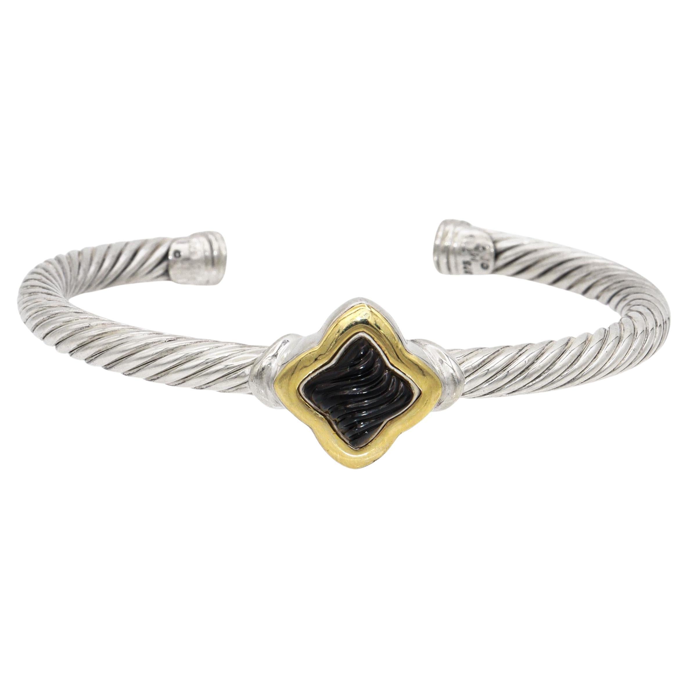 David Yurman Sterling Silver 
18k Gold Black Onyx Cable Cuff Bracelet For Sale