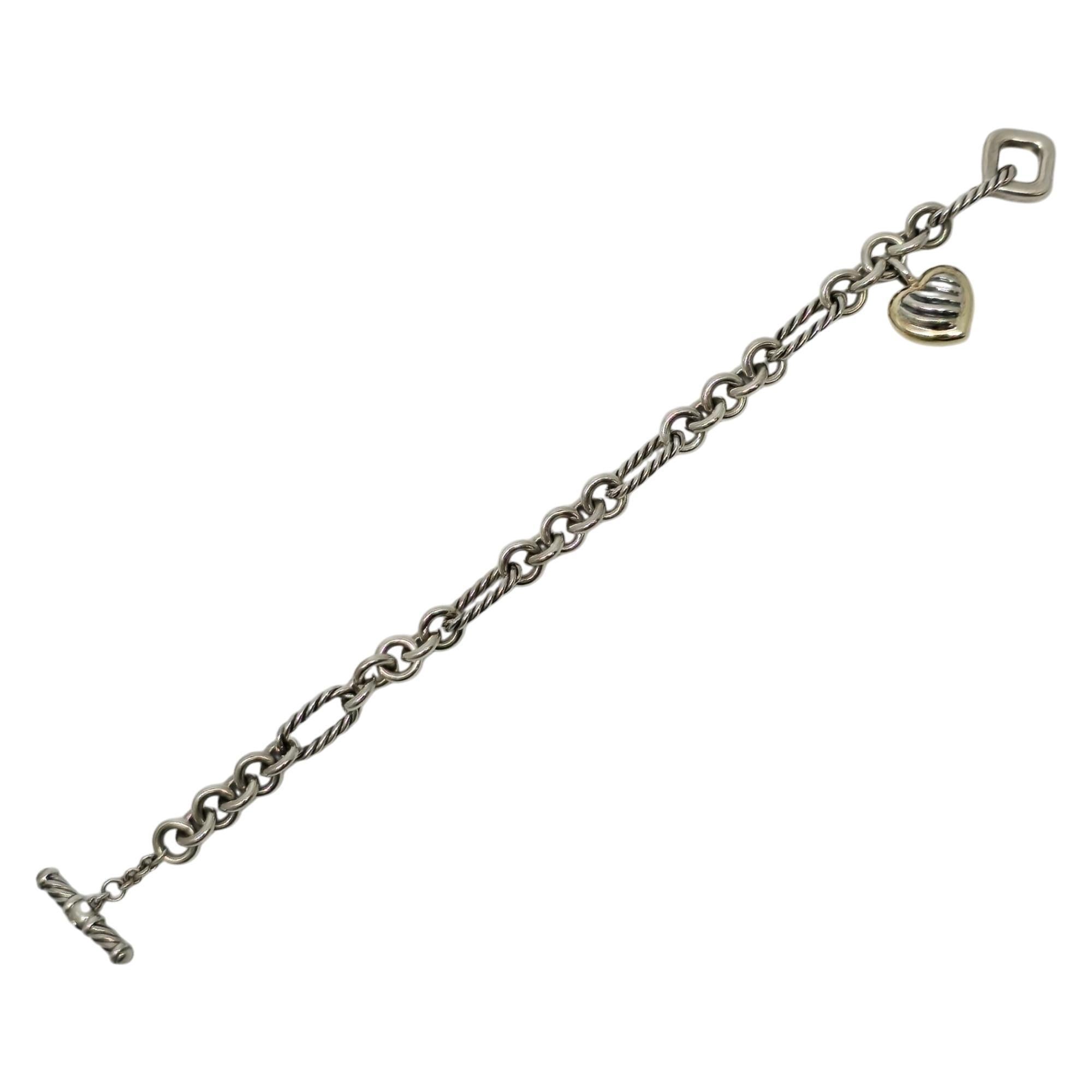 David Yurman Sterling Silver 18K Gold Cable Heart Charm Toggle Bracelet #19855 In Good Condition In Washington Depot, CT