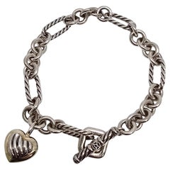 David Yurman Sterling Silver 18K Gold Cable Heart Charm Toggle Bracelet #19855