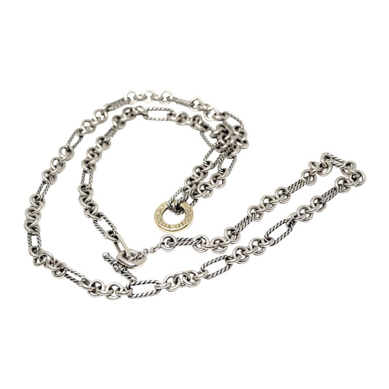 David Yurman Sterling Silver 18K Gold Cable Link Figaro Chain Necklace Long 32" For Sale