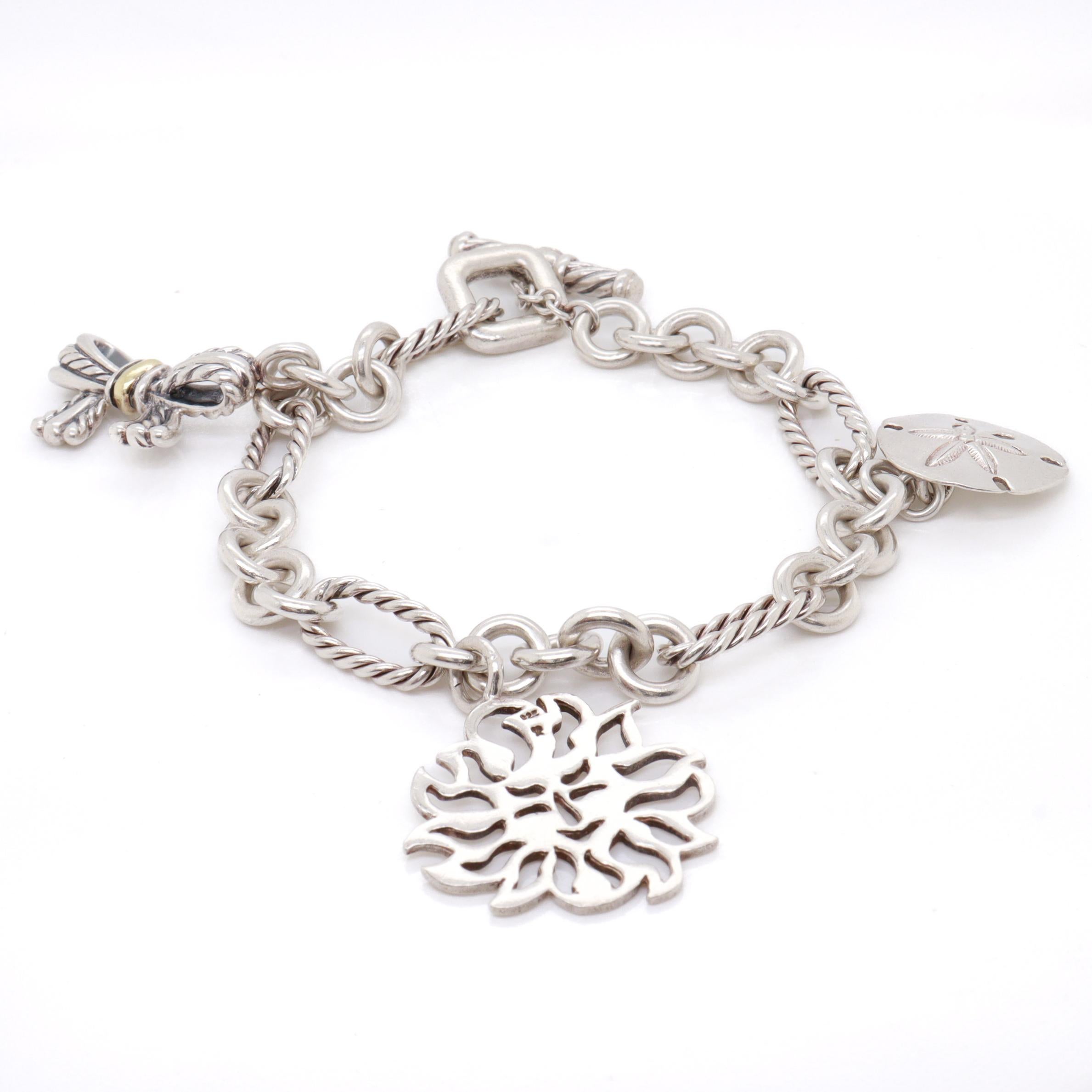 David Yurman Sterling Silver & 18K Gold Charm Bracelet with Assorted Charms In Good Condition For Sale In Philadelphia, PA