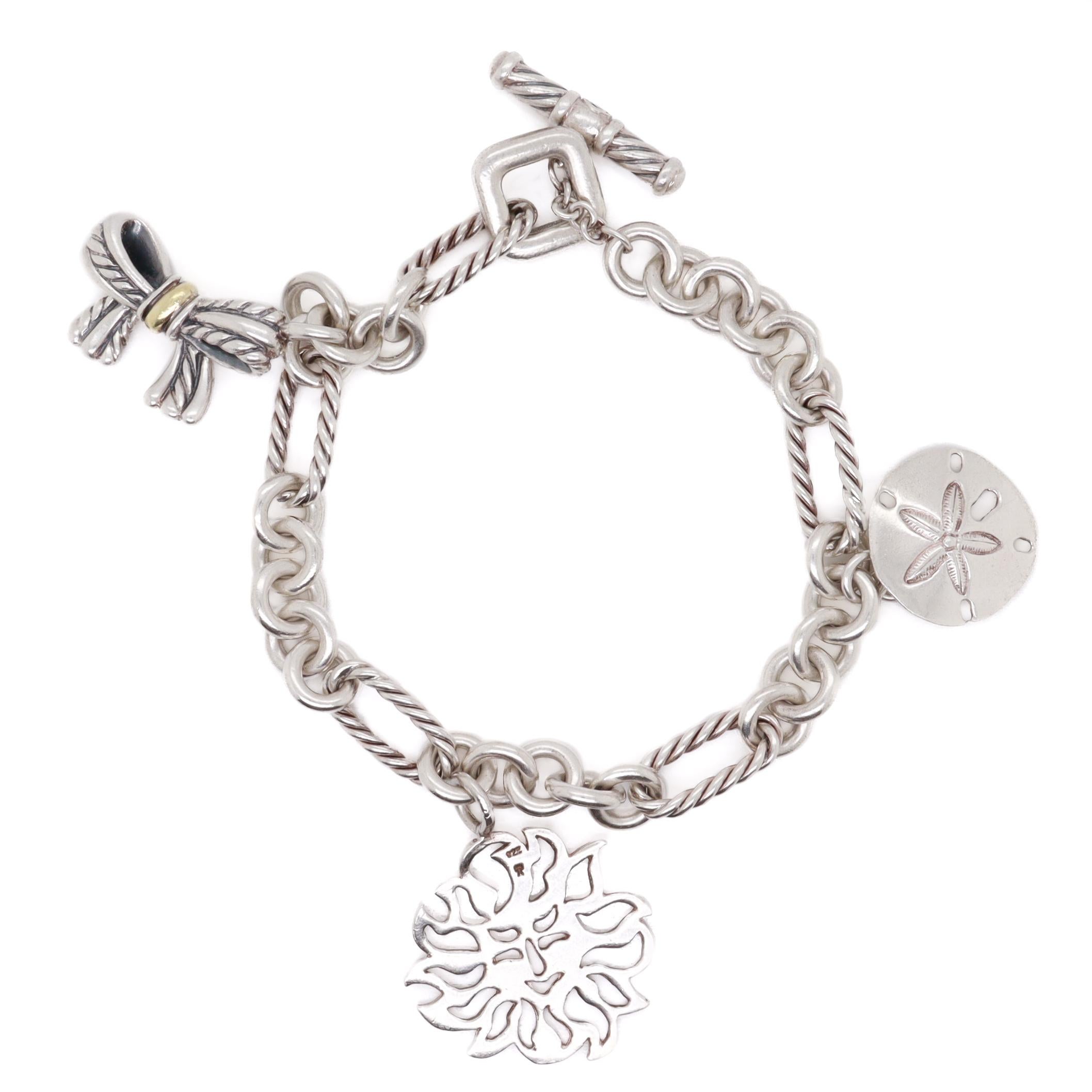 Women's or Men's David Yurman Sterling Silver & 18K Gold Charm Bracelet with Assorted Charms For Sale