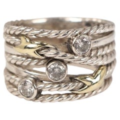 David Yurman Sterling Silver 18k Gold Diamond Crossover Band Ring