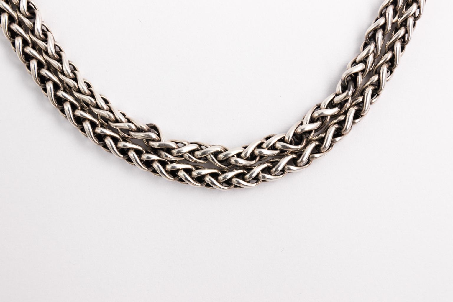 David Yurman Sterling Silver 18k Gold Diamond Double Wheat Chain Buckle Necklace. The timeless design showcases a large buckle, pave set with 23 diamonds. The buckle is about 1 1/4 inches long and the chains are about 4 mm thick. Necklace length is