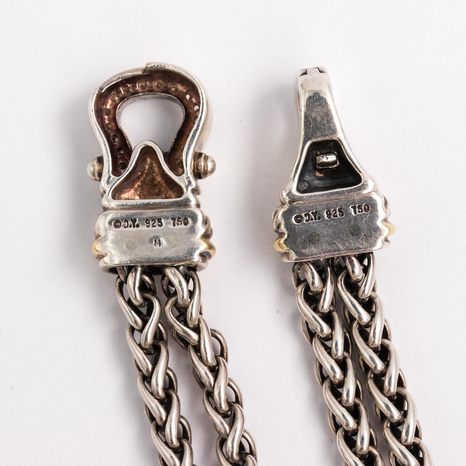 Contemporary David Yurman Sterling Silver 18k Gold Diamond Double Wheat Chain Buckle Necklace