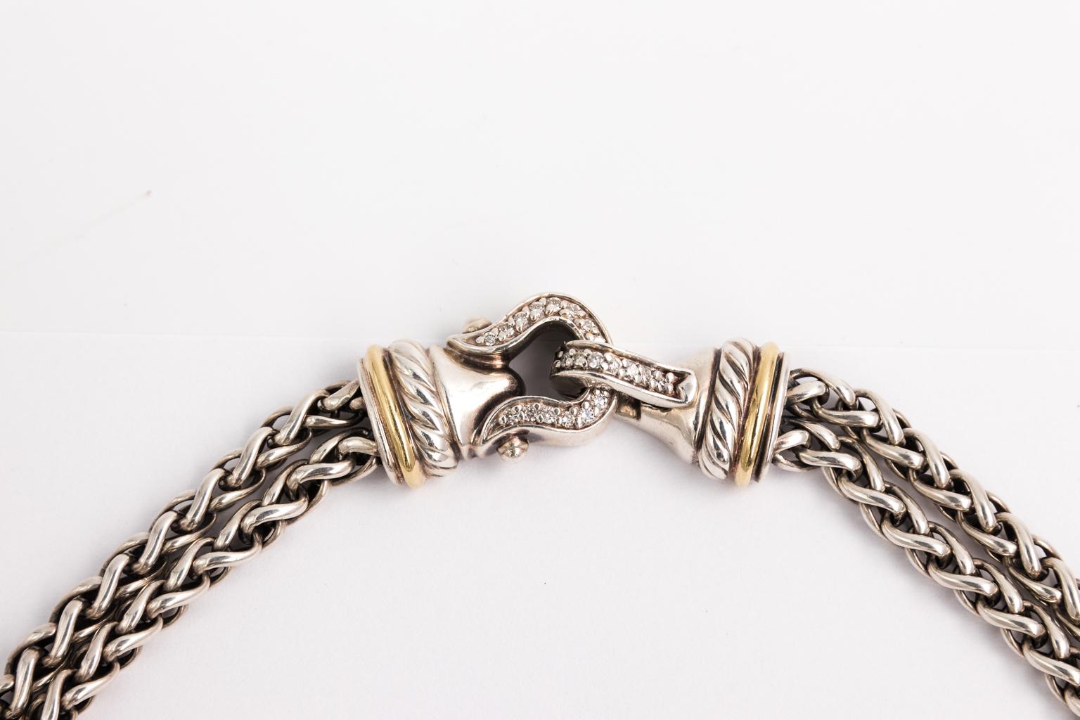 David Yurman Sterling Silver 18k Gold Diamond Double Wheat Chain Buckle Necklace In Good Condition In St.amford, CT