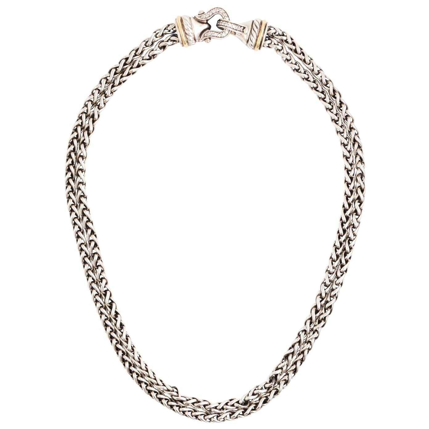 David Yurman Sterling Silver 18k Gold Diamond Double Wheat Chain Buckle Necklace