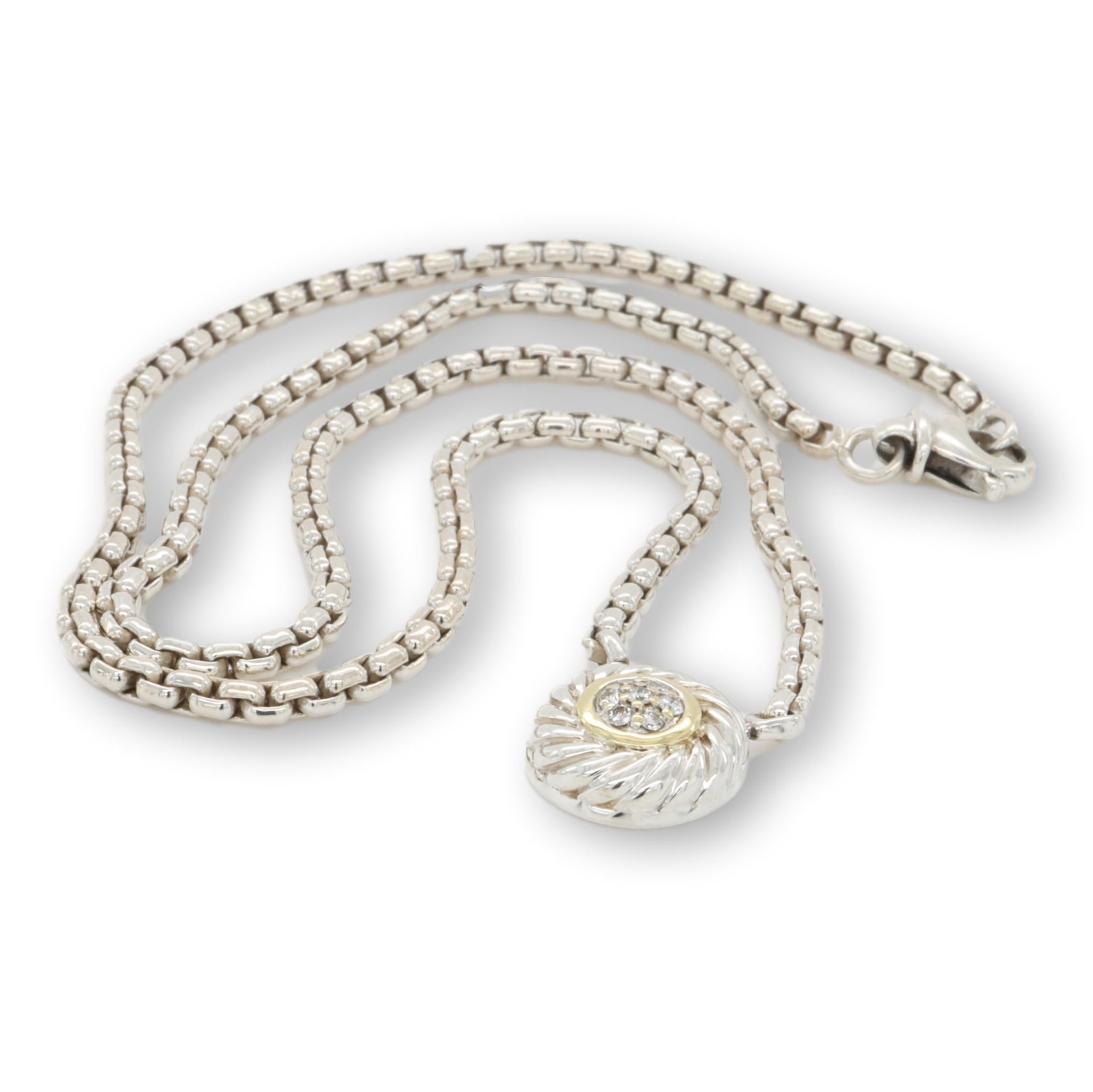 David Yurman Sterling Silber 18K Gold Pave Diamant Kabel-Halskette mit Cookie-Anhänger im Zustand „Hervorragend“ in New York, NY