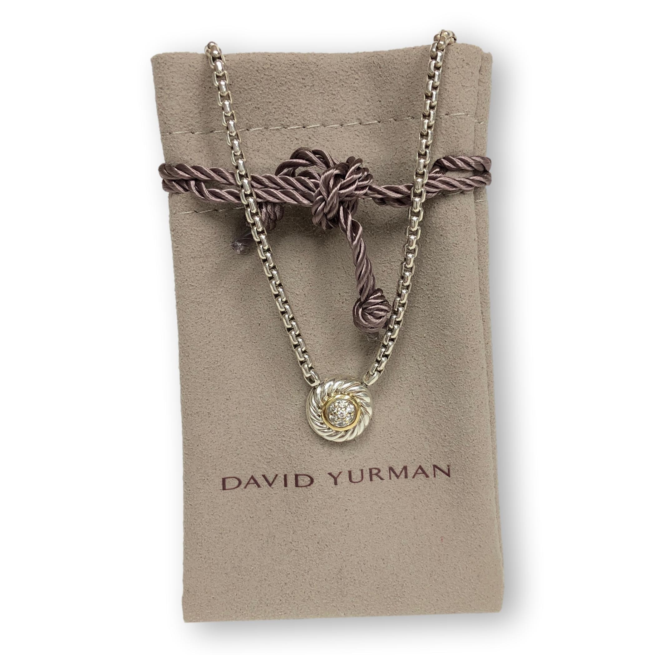 David Yurman Sterling Silber 18K Gold Pave Diamant Kabel-Halskette mit Cookie-Anhänger Damen