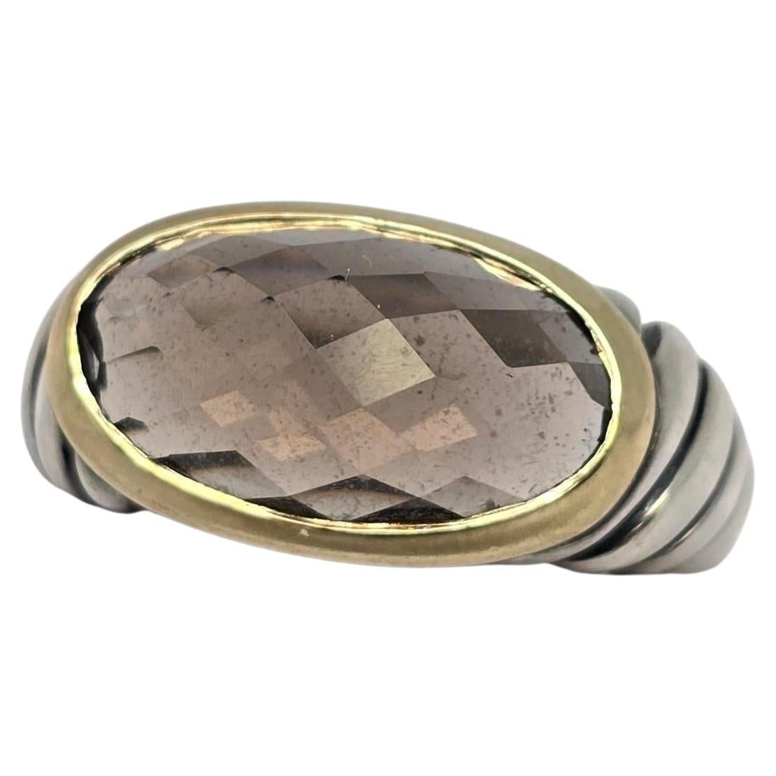 David Yurman Sterling Silver 18K Gold Smoky Quartz Noblesse Ring Size 7 #24094