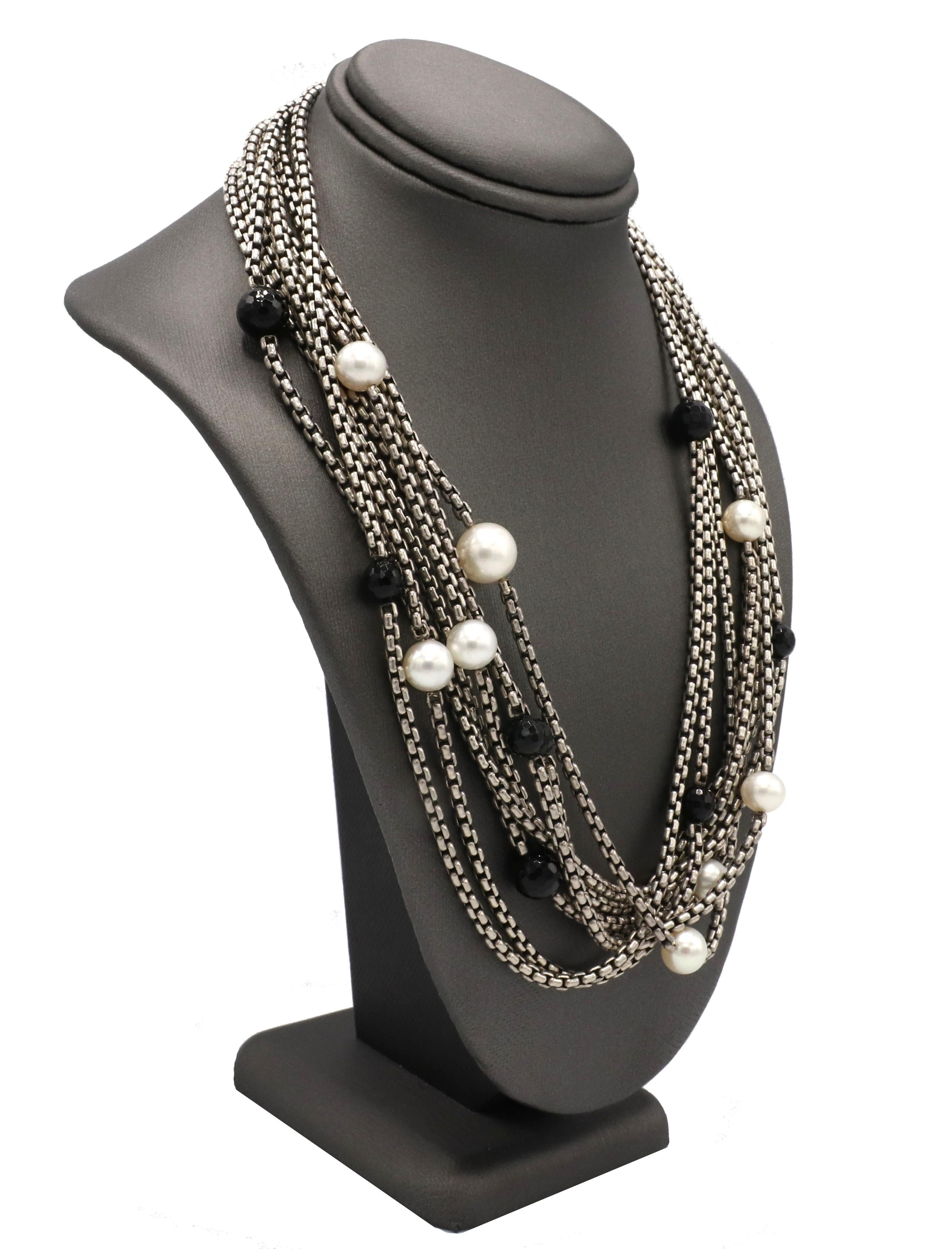 David Yurman Sterling Silver & 18K Yellow Gold 8-Row Box Chain Pearl & Onyx Bead Necklace
Metal: Sterling silver & 18k yellow gold
Weight: 103.23 grams
Length: 16 inches
Width: Approx. 1 inches
Chain width: 2.7mm
Signed: ©D.Y. 925 750 