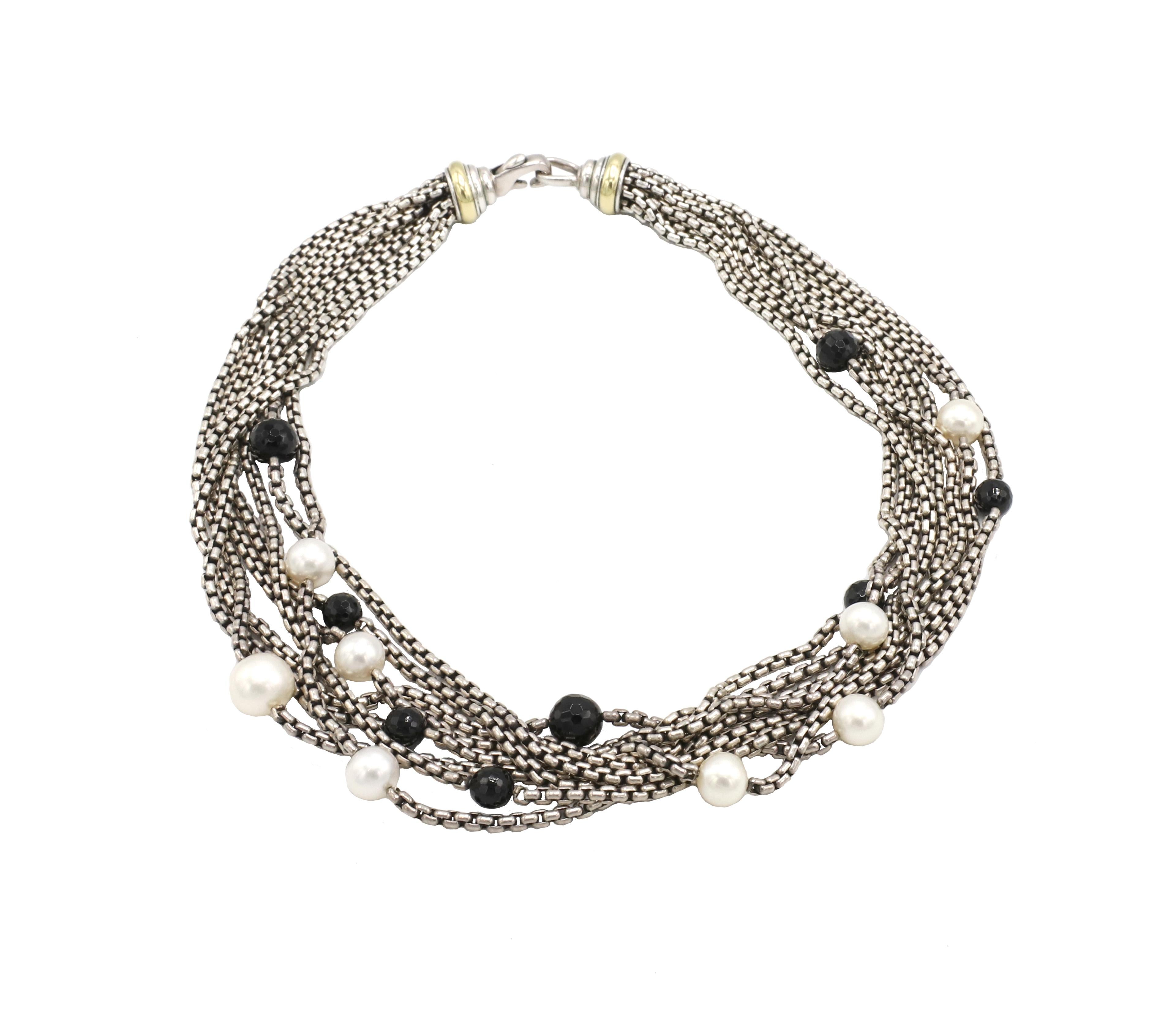 David Yurman: 18 Karat Sterlingsilber Halskette mit mehrreihiger Kette, Perle und Onyxperlen (Zeitgenössisch) im Angebot