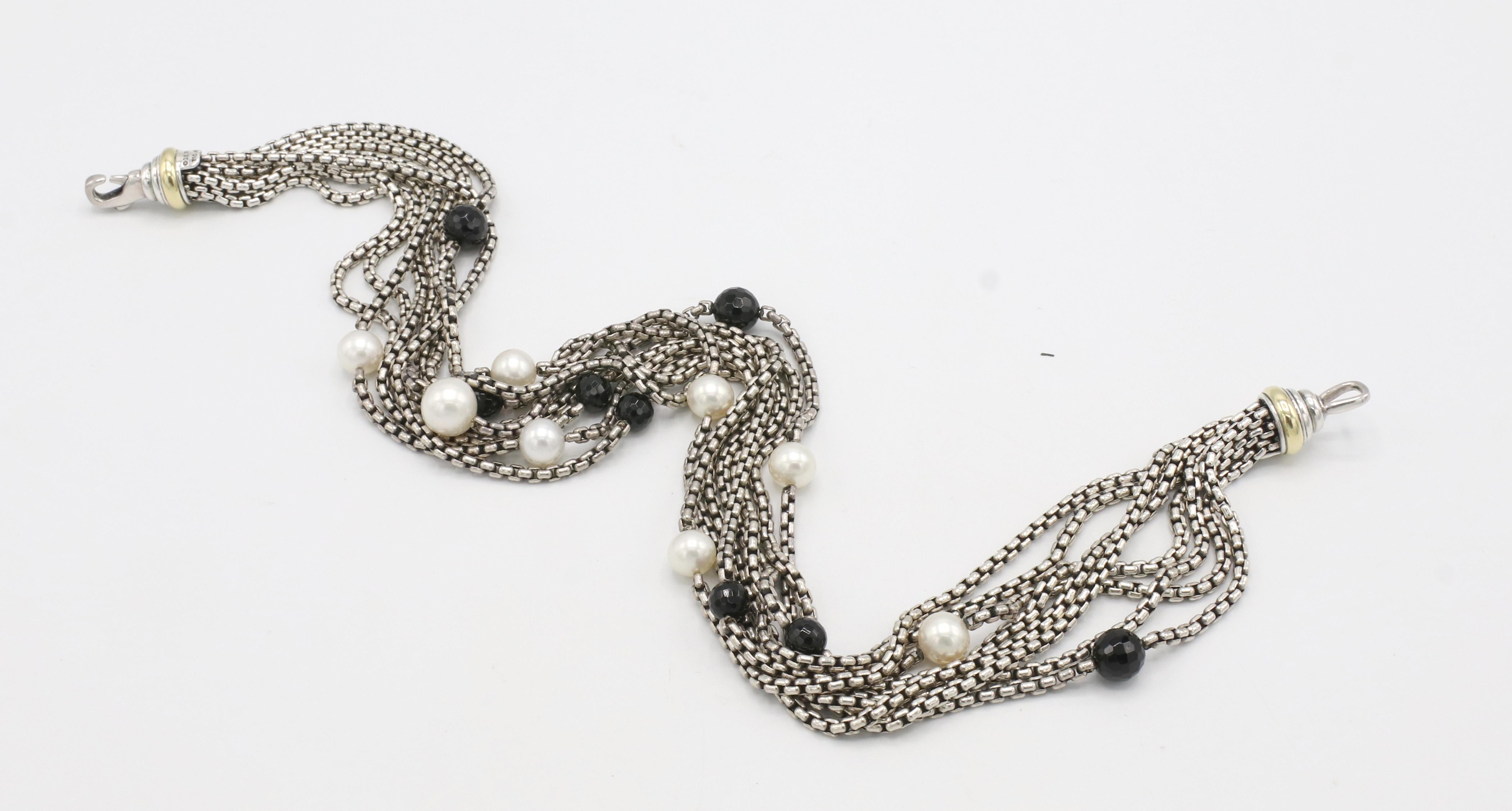 Contemporary David Yurman Sterling Silver 18K Multi-Row Box Chain Pearl & Onyx Bead Necklace For Sale