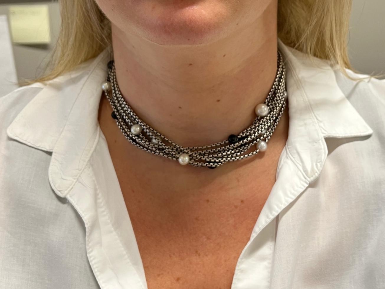 Contemporary David Yurman Sterling Silver 18K Multi-Row Box Chain Pearl & Onyx Bead Necklace