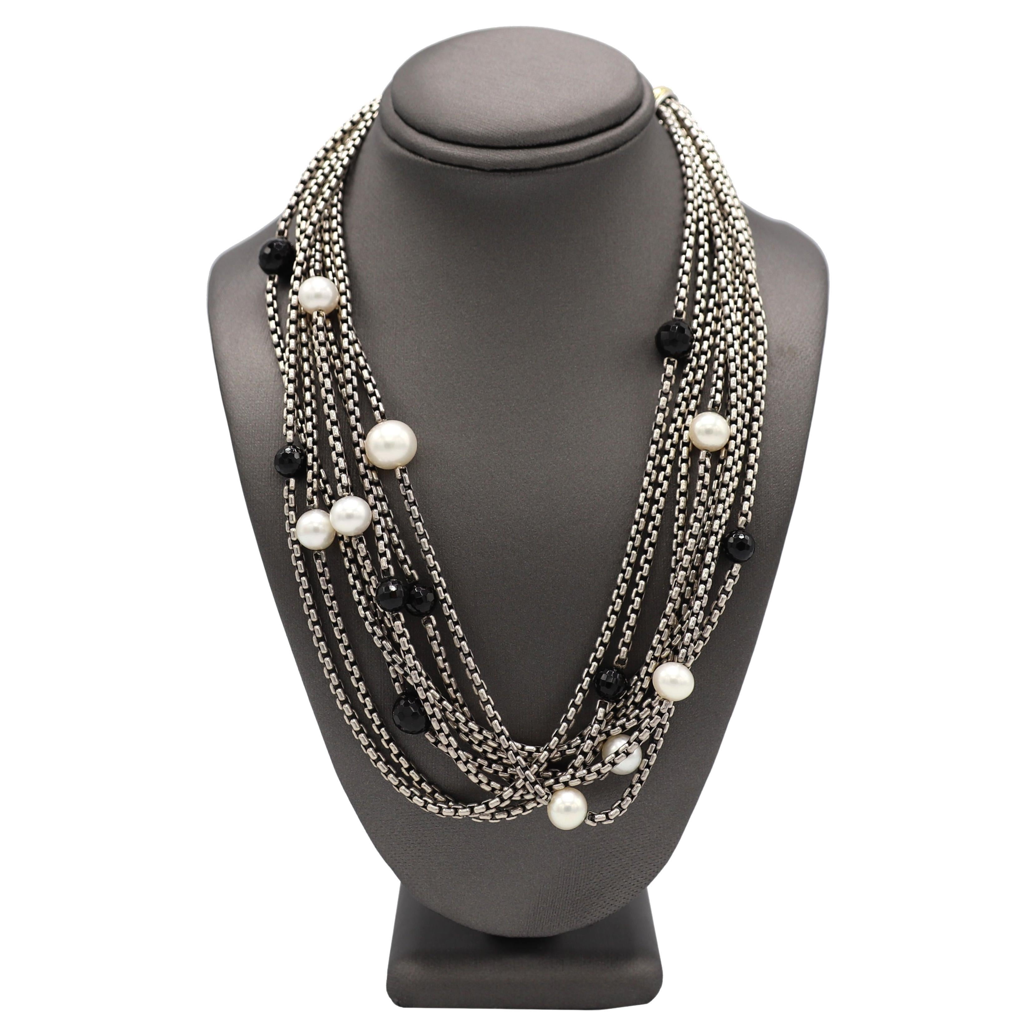 David Yurman Sterling Silver 18K Multi-Row Box Chain Pearl & Onyx Bead Necklace For Sale