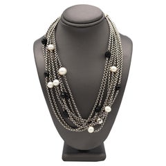 Vintage David Yurman Sterling Silver 18K Multi-Row Box Chain Pearl & Onyx Bead Necklace