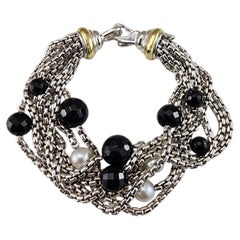 David Yurman Pulsera de plata de ley de 18 quilates con perlas y ónice de varias vueltas y caja #25110