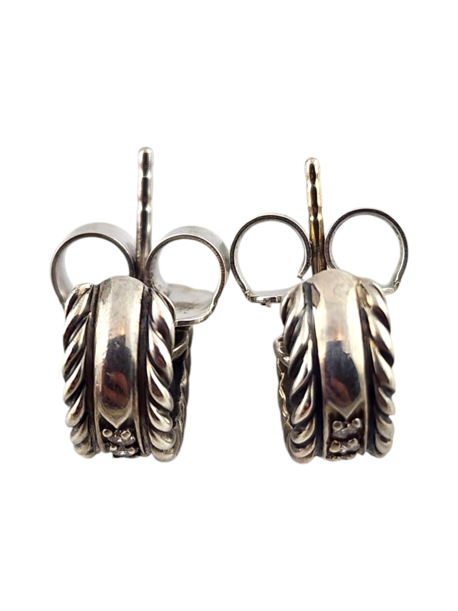 Women's David Yurman Sterling Silver 18K White Gold Diamond Mini Hoop Earrings #18555
