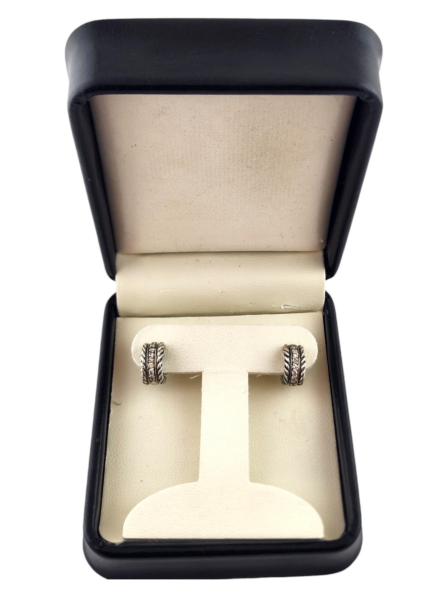 David Yurman Sterling Silver 18K White Gold Diamond Mini Hoop Earrings #18555 3