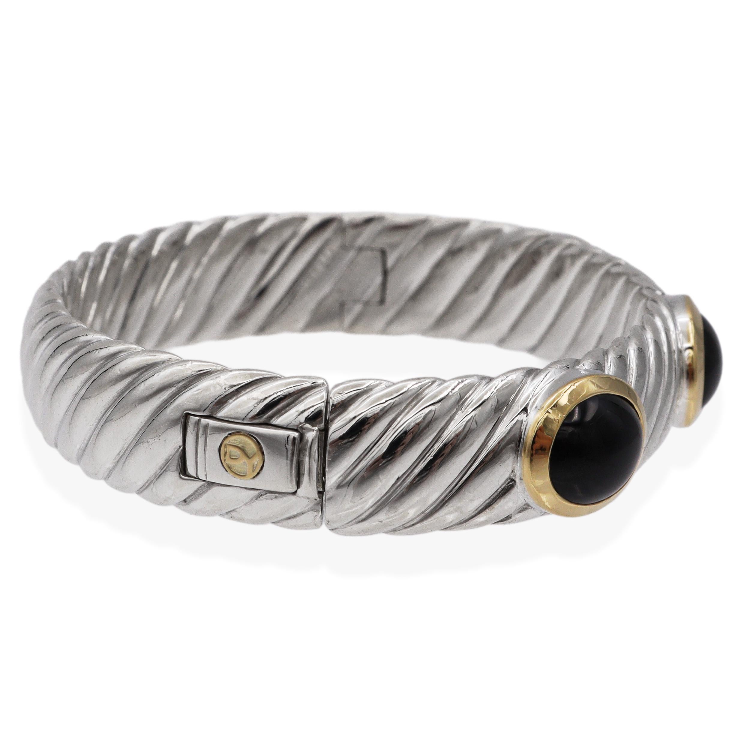 David Yurman Bracciale con cavo in argento sterling e oro giallo 18 carati con onice nero in vendita 1