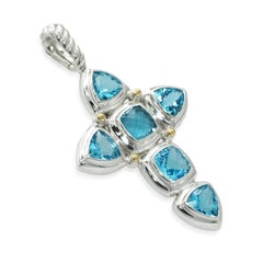David Yurman Sterling Silver 18K Yellow Gold Blue Topaz Cross Pendant