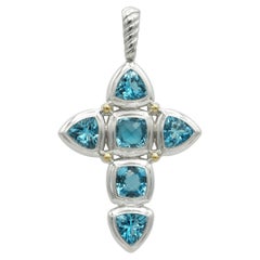 David Yurman Sterling Silver 18K Yellow Gold Blue Topaz Cross Pendant