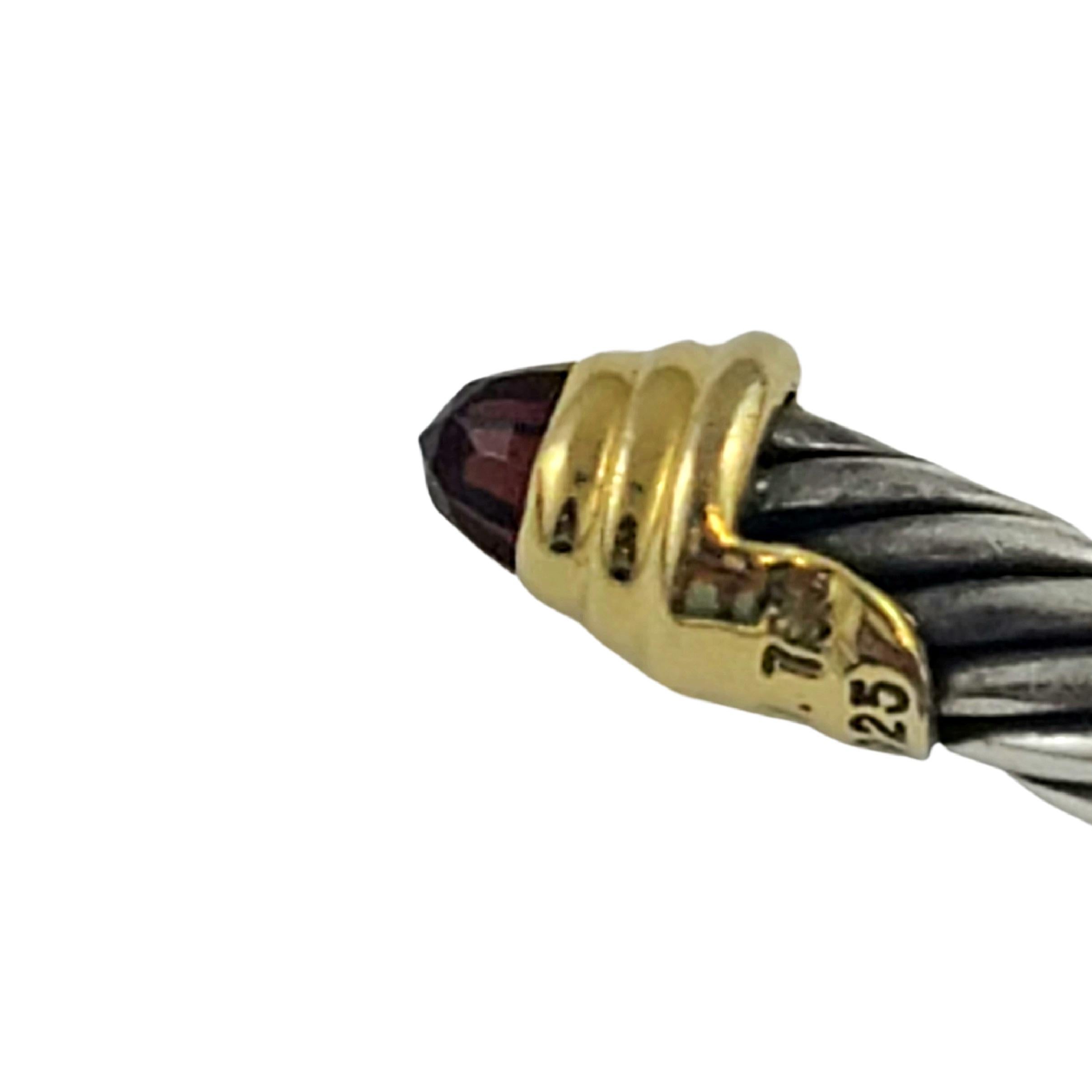 David Yurman Sterling Silver 18K Yellow Gold Cable Classic Garnet Cuff Bracelet In Good Condition In Washington Depot, CT