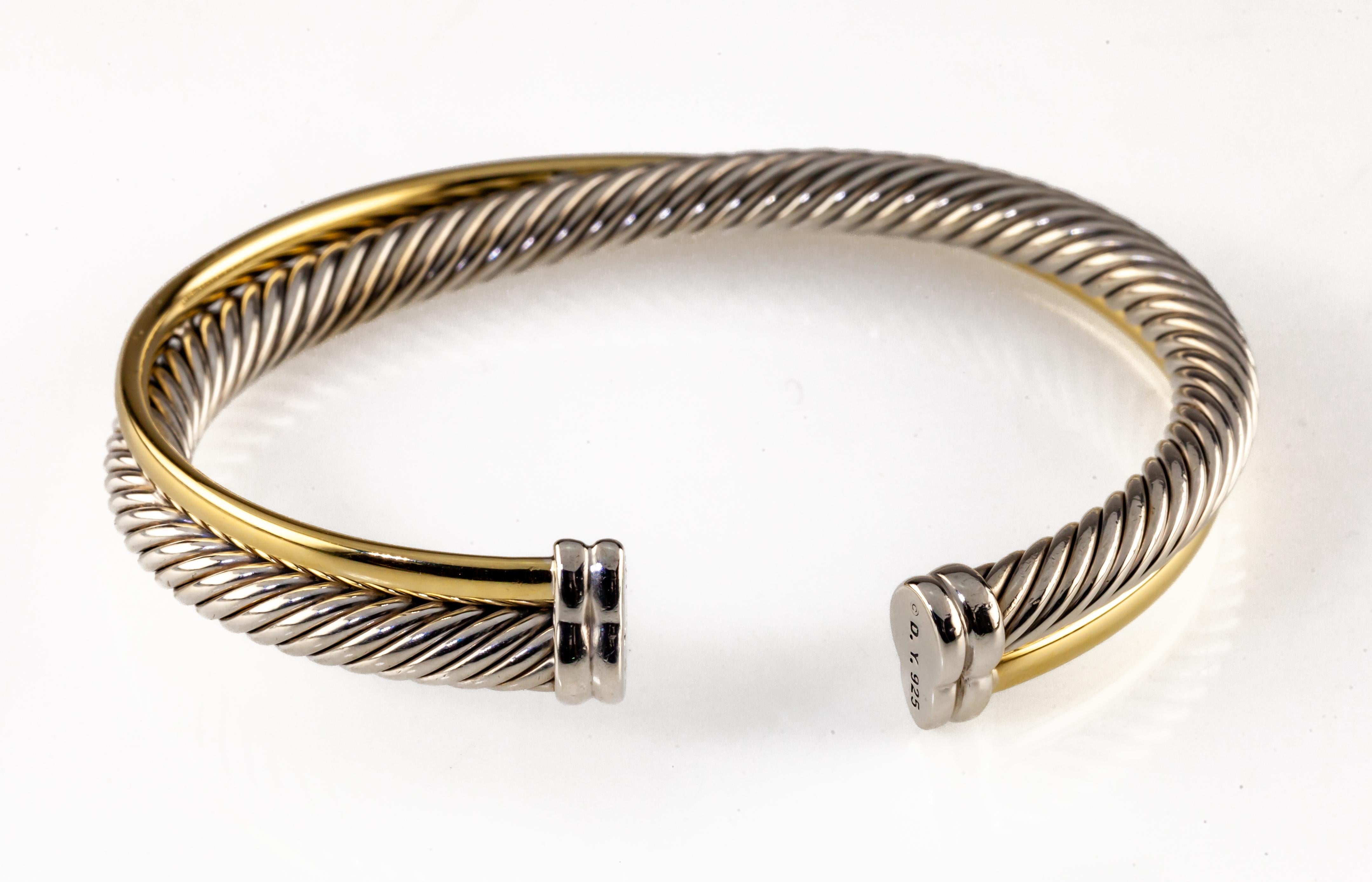 Modern David Yurman Sterling Silver 18k Yellow Gold Cable Crossover Cuff Bracelet For Sale