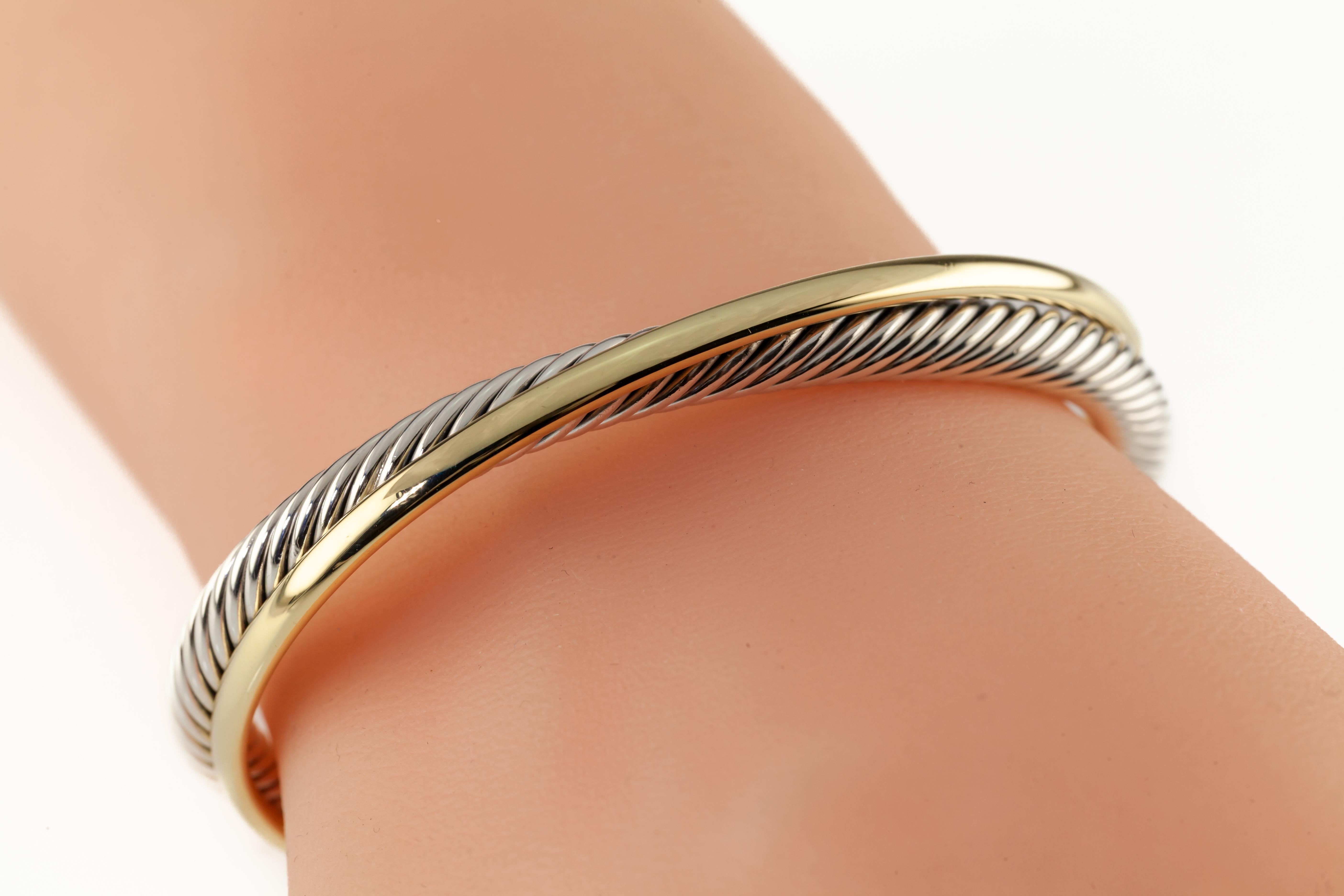 David Yurman Sterling Silver 18k Yellow Gold Cable Crossover Cuff Bracelet For Sale 1