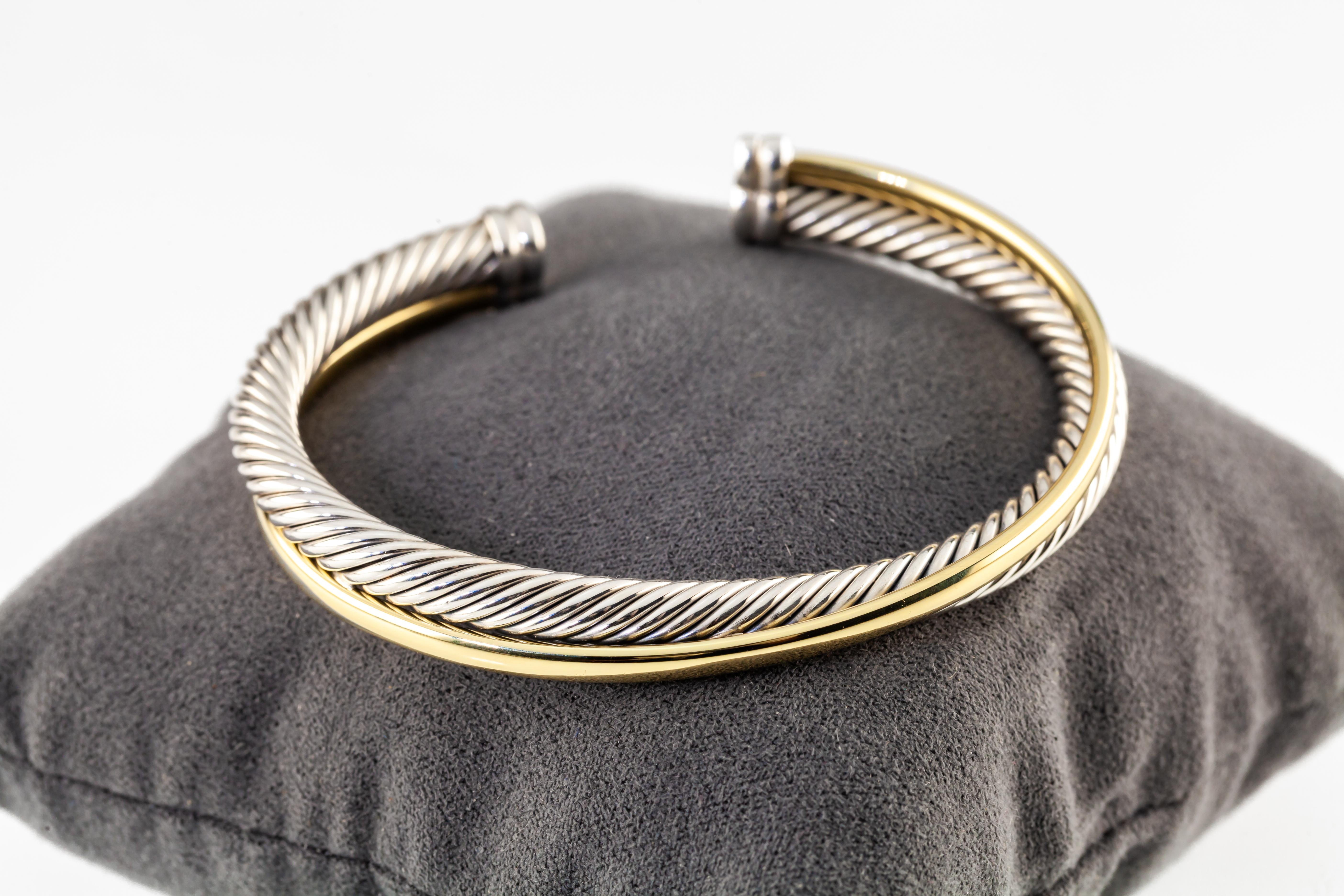 David Yurman Sterling Silver 18k Yellow Gold Cable Crossover Cuff Bracelet For Sale 3