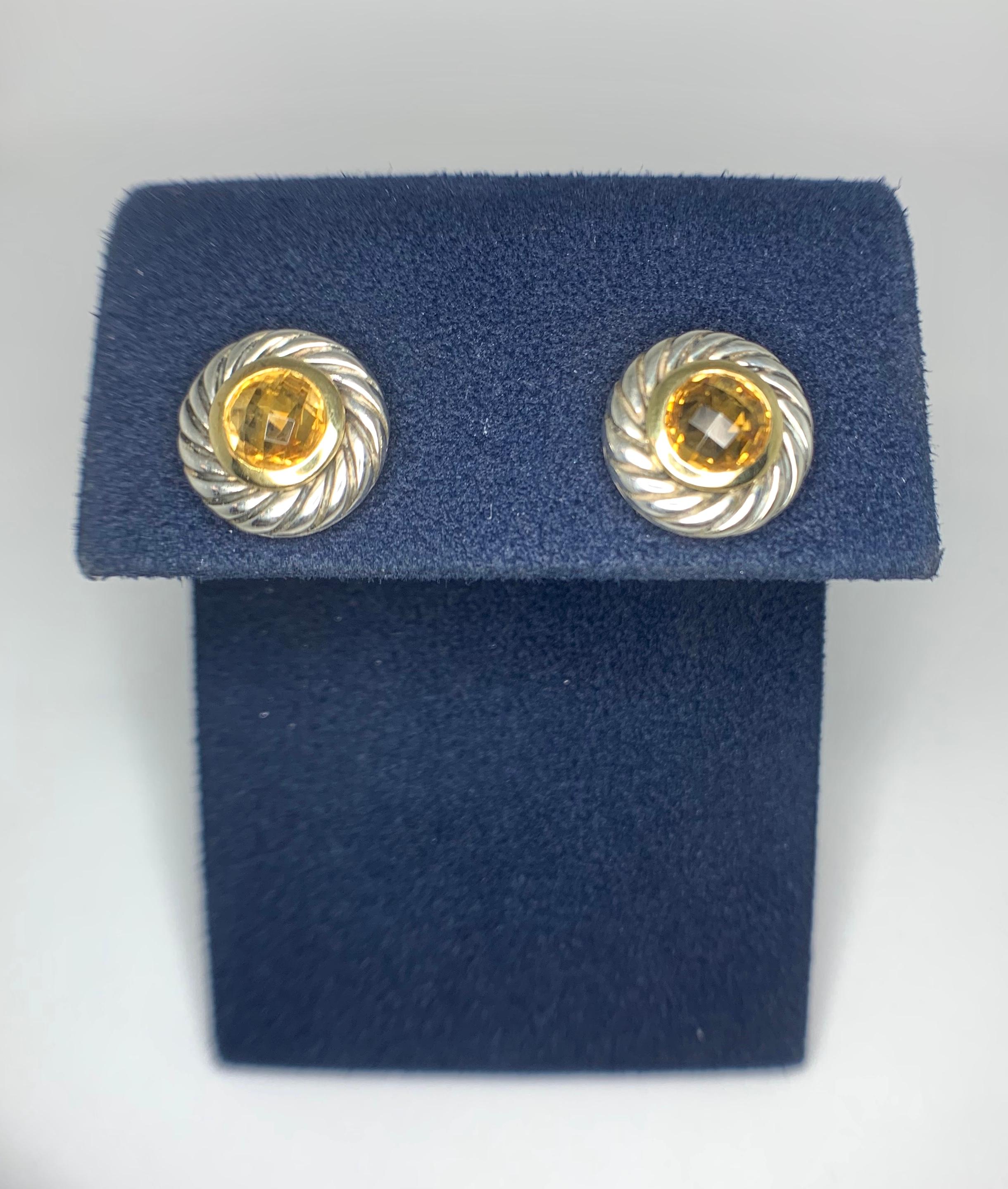 David Yurman Sterling Silver and 18 Karat Yellow Gold Citrine Earrings In Good Condition For Sale In Mansfield, OH