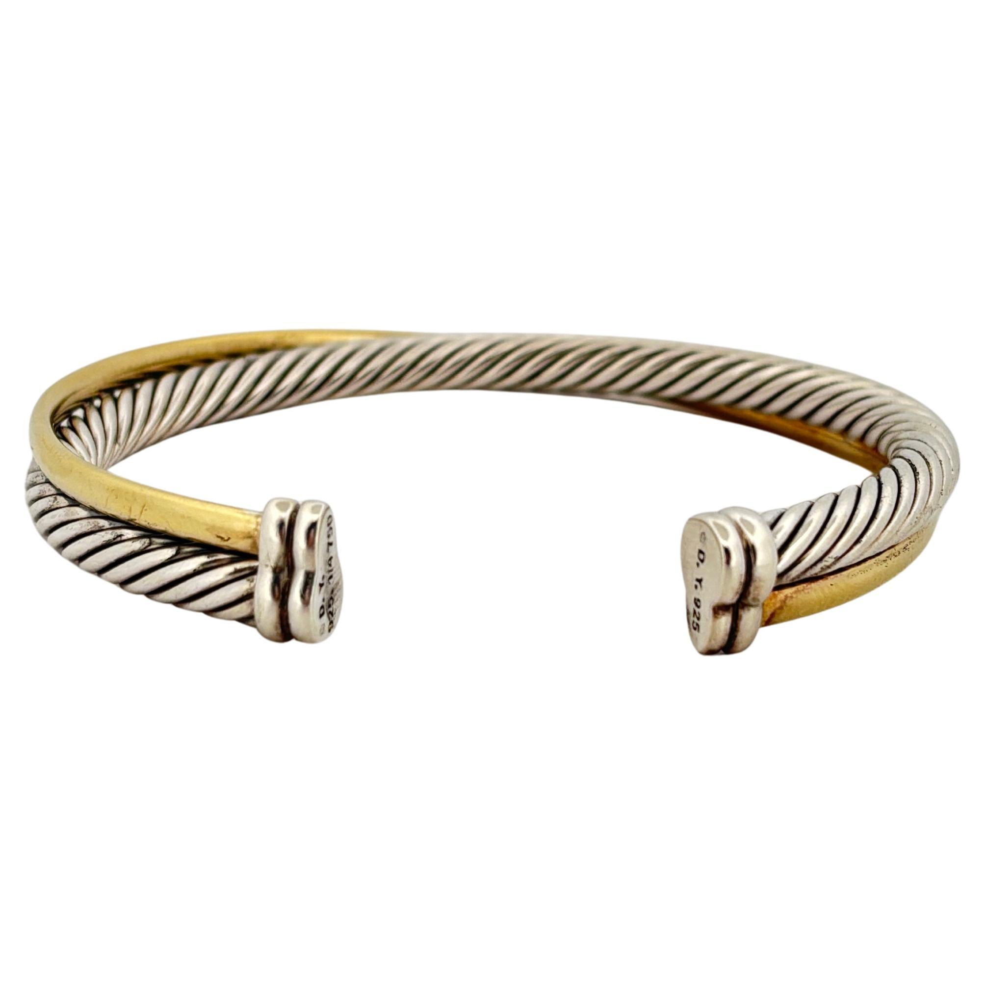 David Yurman Sterling Silver 18K Yellow Goldes Crossover Rope Cuff Bracelet Bon état - En vente à Sewickley, PA