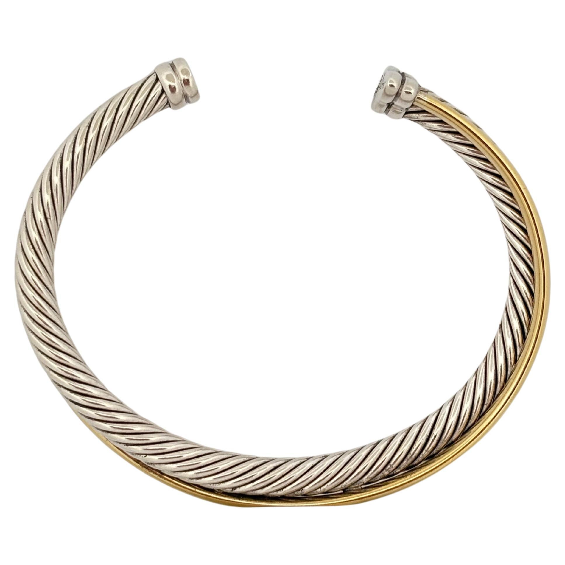 David Yurman Sterling Silver 18K Yellow Goldes Crossover Rope Cuff Bracelet Unisexe en vente