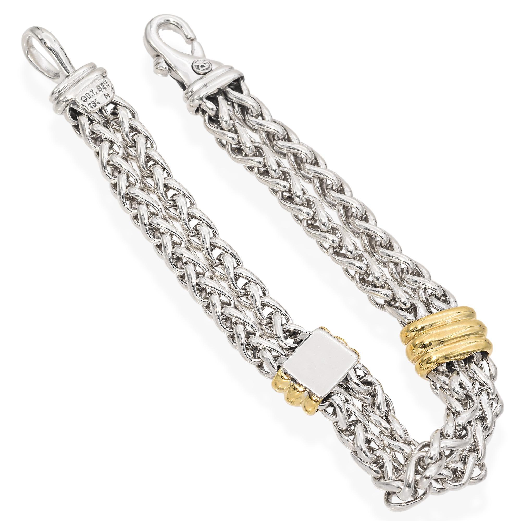 David Yurman Sterling Silver & 18K Yellow Gold Double Row Wheat Chain Bracelet In Good Condition In New York, NY