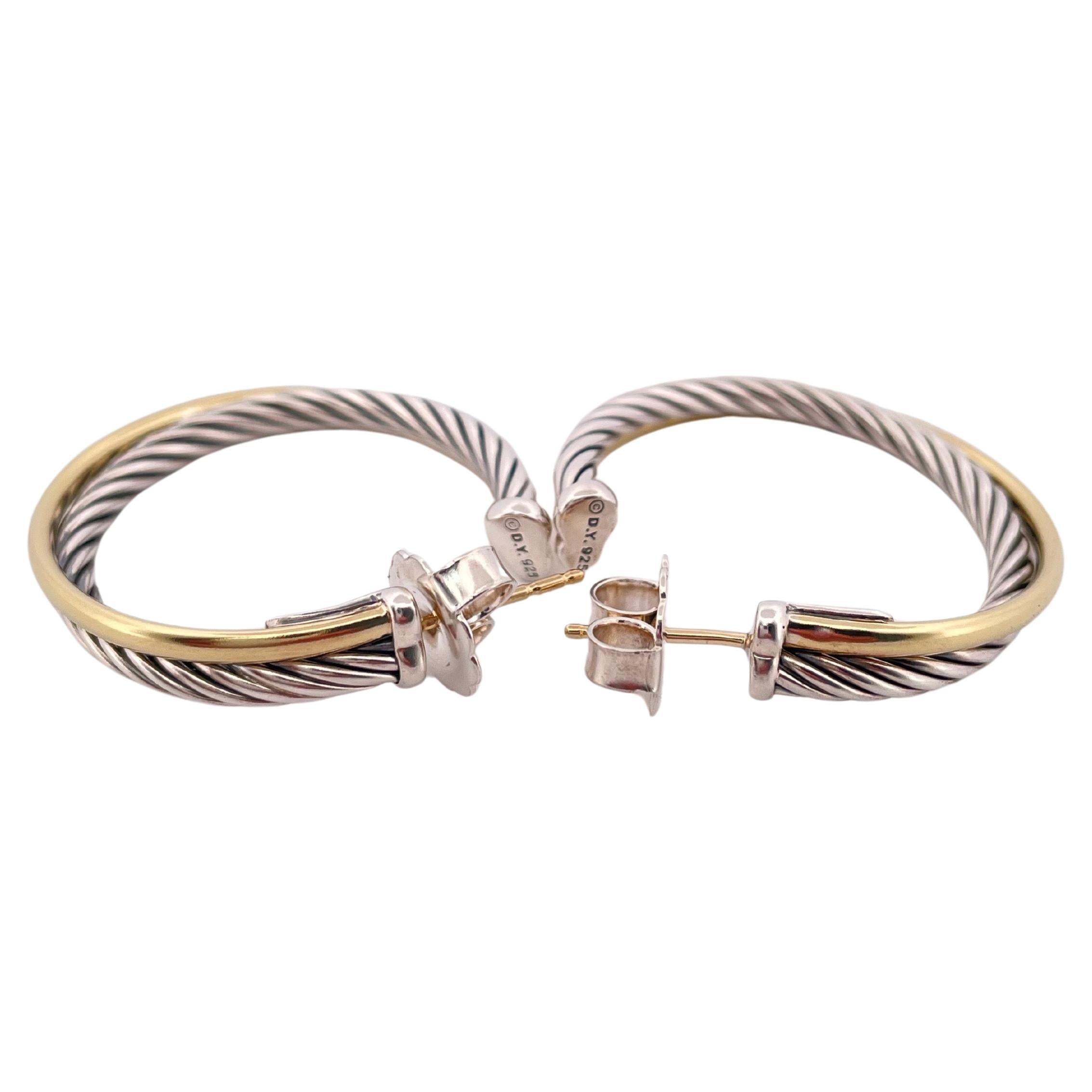 Contemporary David Yurman Sterling Silver & 18K Yellow Gold Hoop Earrings For Sale