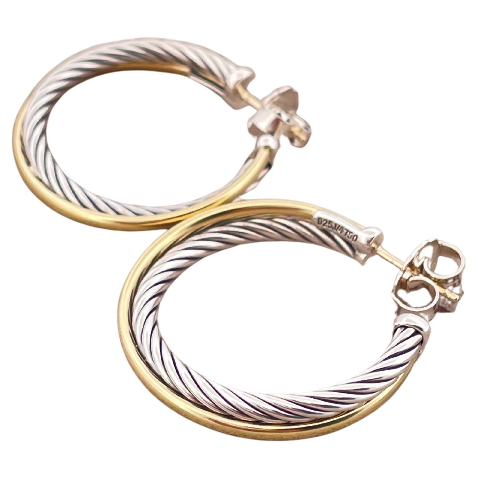 David Yurman Sterling Silver & 18K Yellow Gold Hoop Earrings For Sale 1