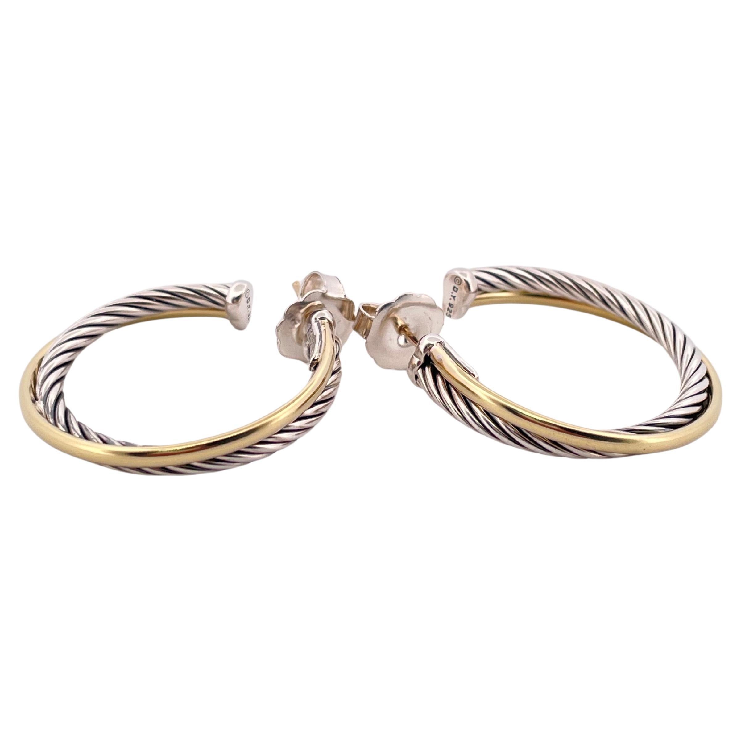 David Yurman Sterling Silver & 18K Yellow Gold Hoop Earrings For Sale