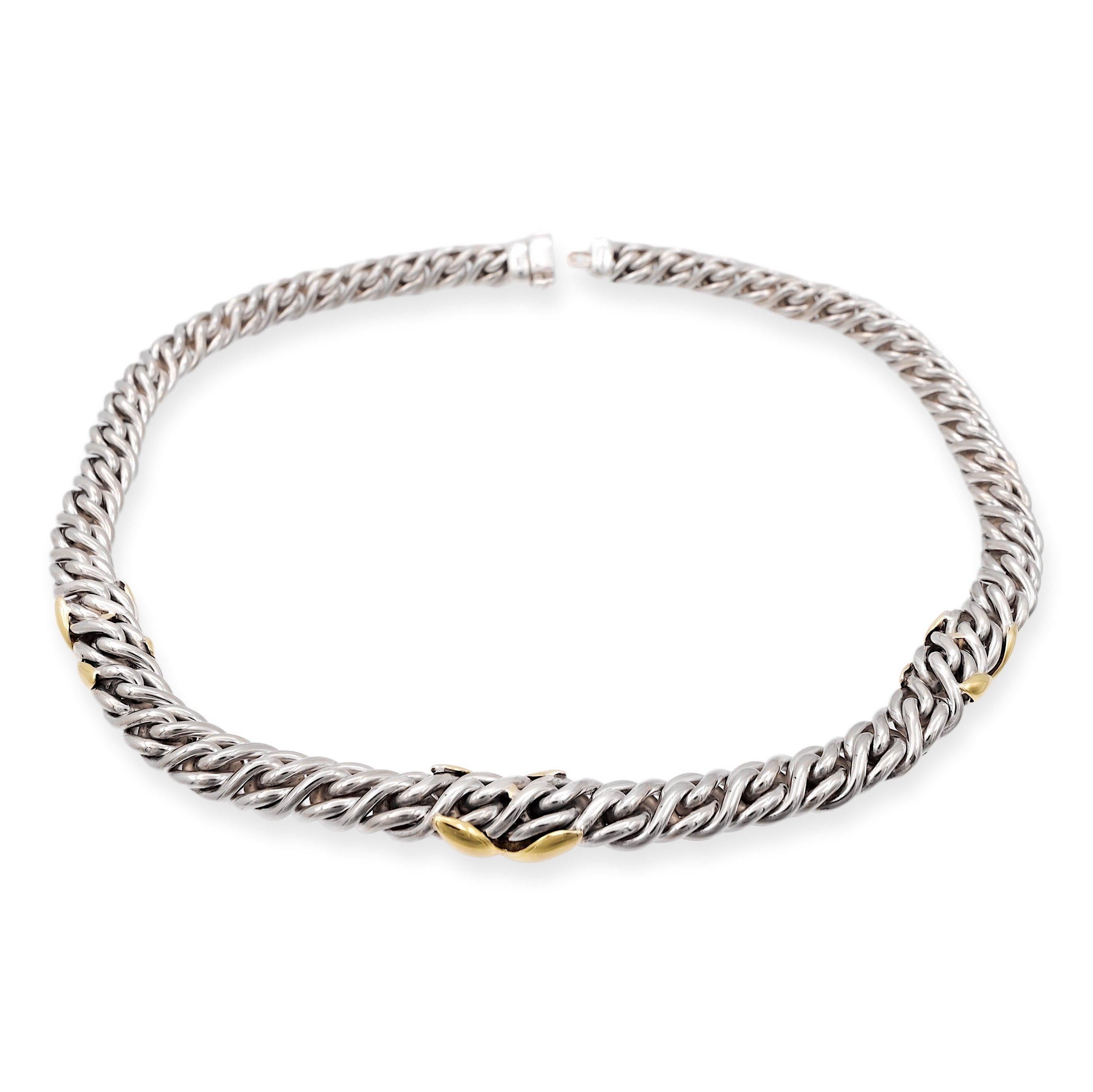 David Yurman necklace from the Lyrica collection finely crafted in sterling silver, showcasing three elegant X motif stations in 18K yellow gold, seamlessly integrated into a classic wheat chain design with a length of 17 inches and a width of 9 mm,