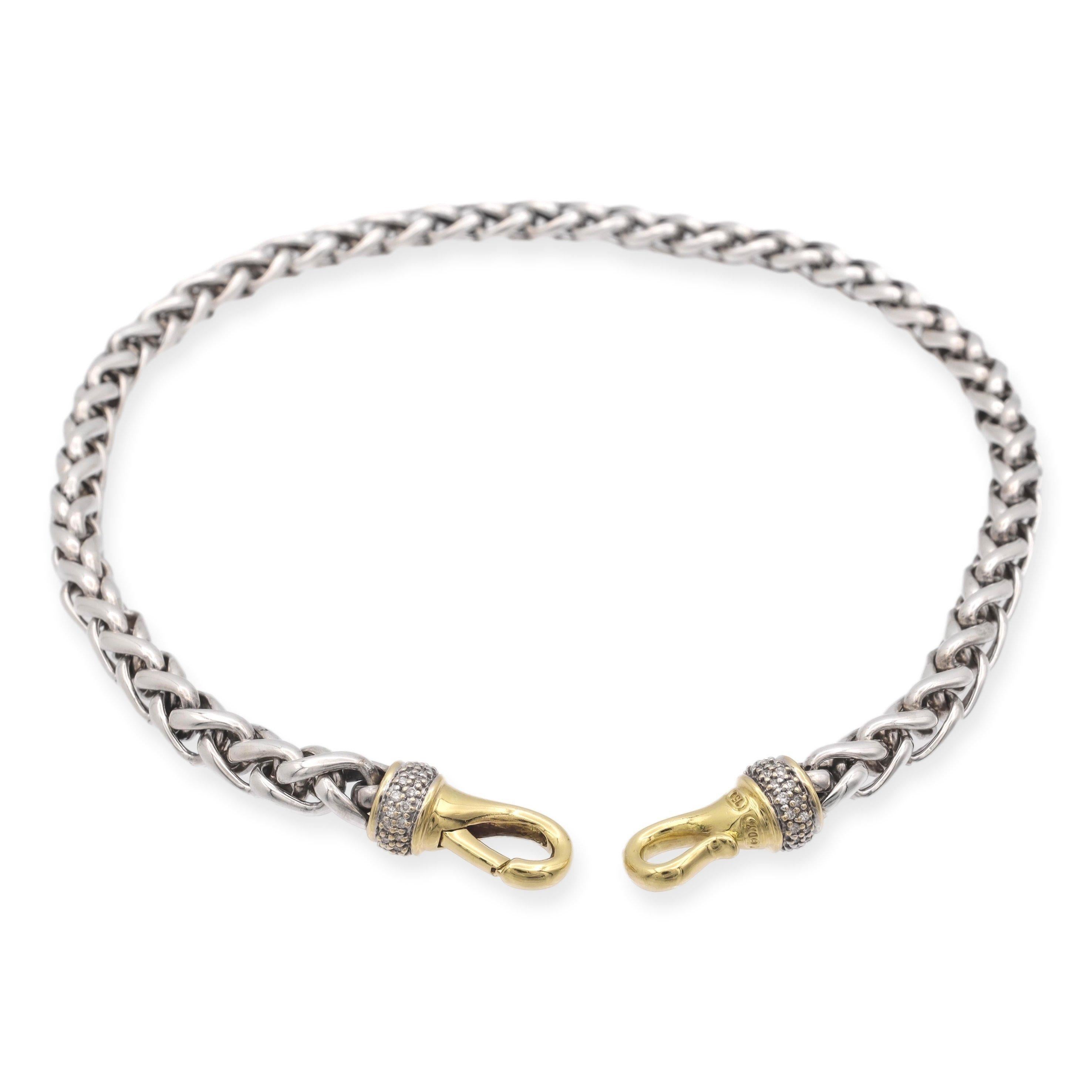 David Yurman wheat chain necklace finely crafted in sterling silver featuring with 68 round brilliant cut pave set diamonds on each end set in 18 karat yellow gold with large lobster push down closure. The necklace measures 8mm wide and 18 inches