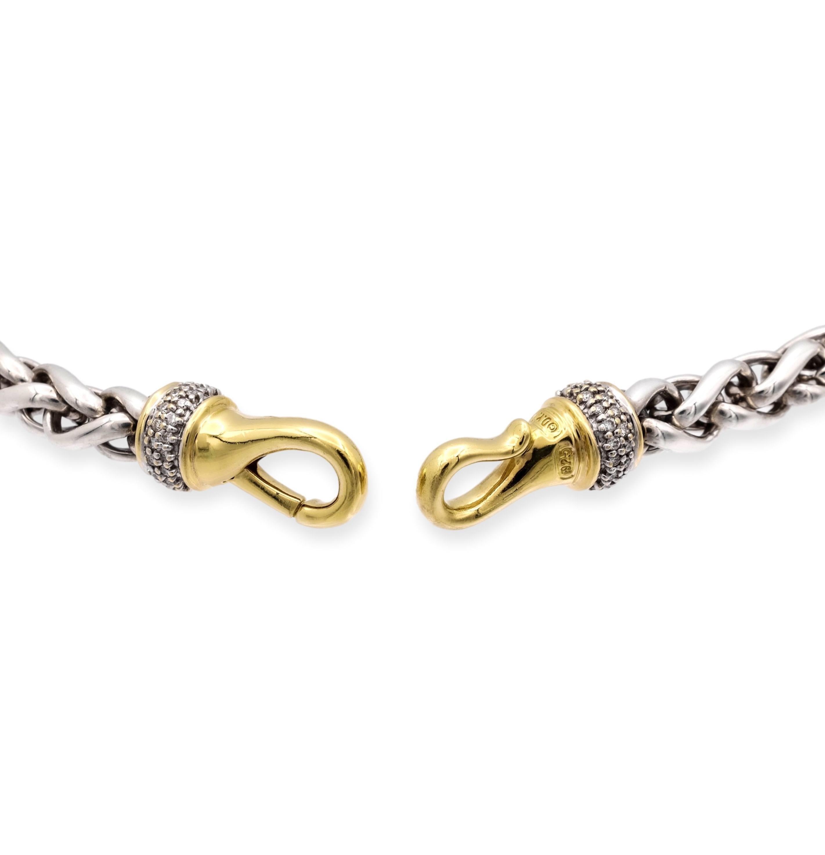David Yurman Sterling Silber 18K Gelbgold Pave Diamant Weizenkette Halskette (Zeitgenössisch) im Angebot