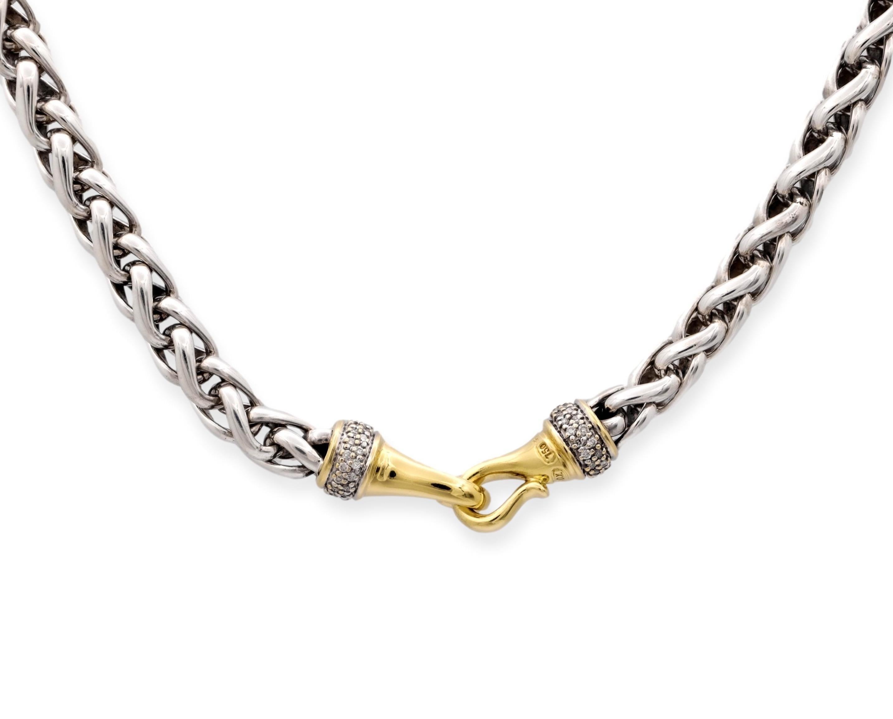 David Yurman Sterling Silver 18K Yellow Gold Pave Diamond Wheat Chain Necklace In Good Condition For Sale In New York, NY