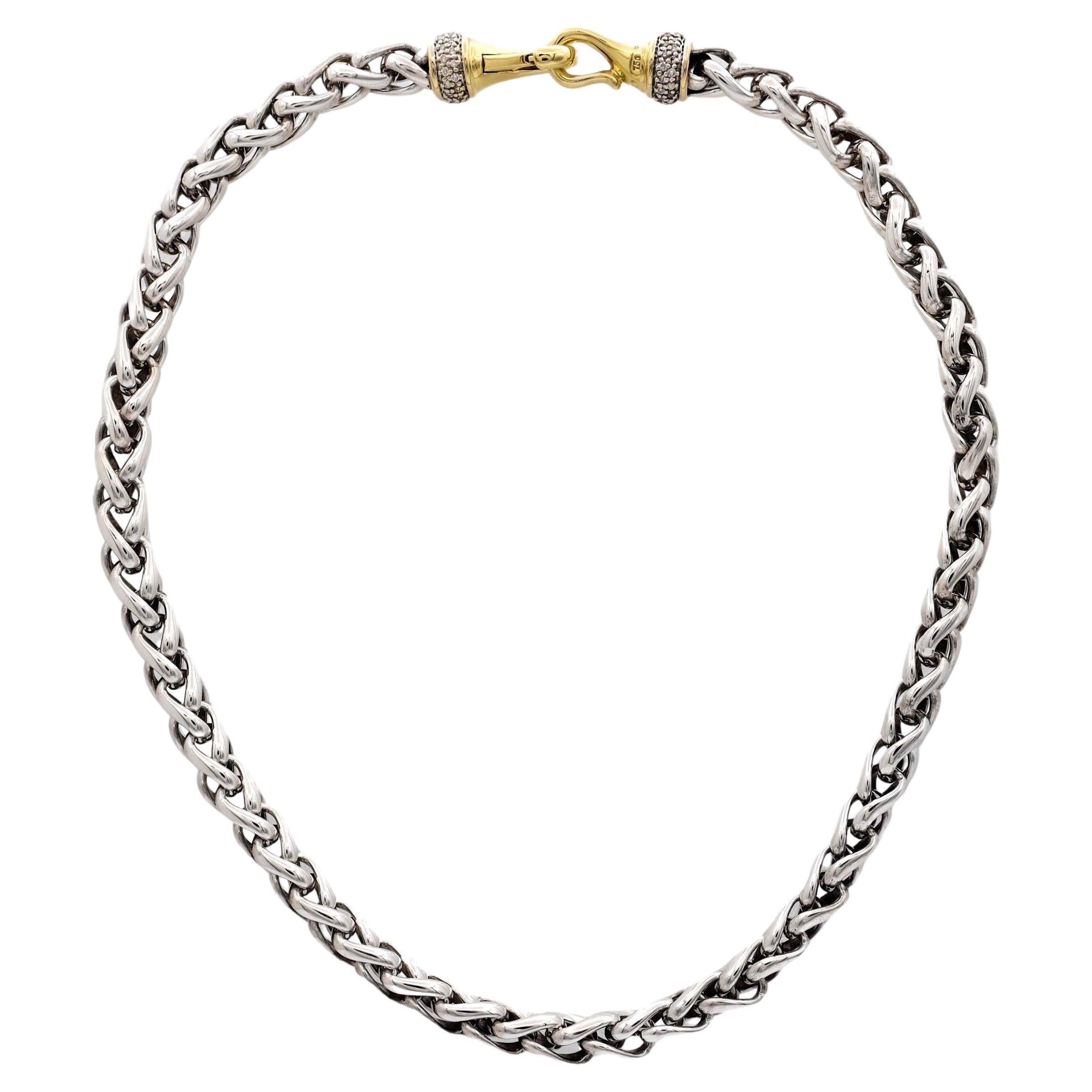David Yurman Sterling Silber 18K Gelbgold Pave Diamant Weizenkette Halskette im Angebot
