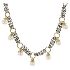 David Yurman Sterling Silver & 18k Yellow Gold Pearl and Diamond Drop Collar
