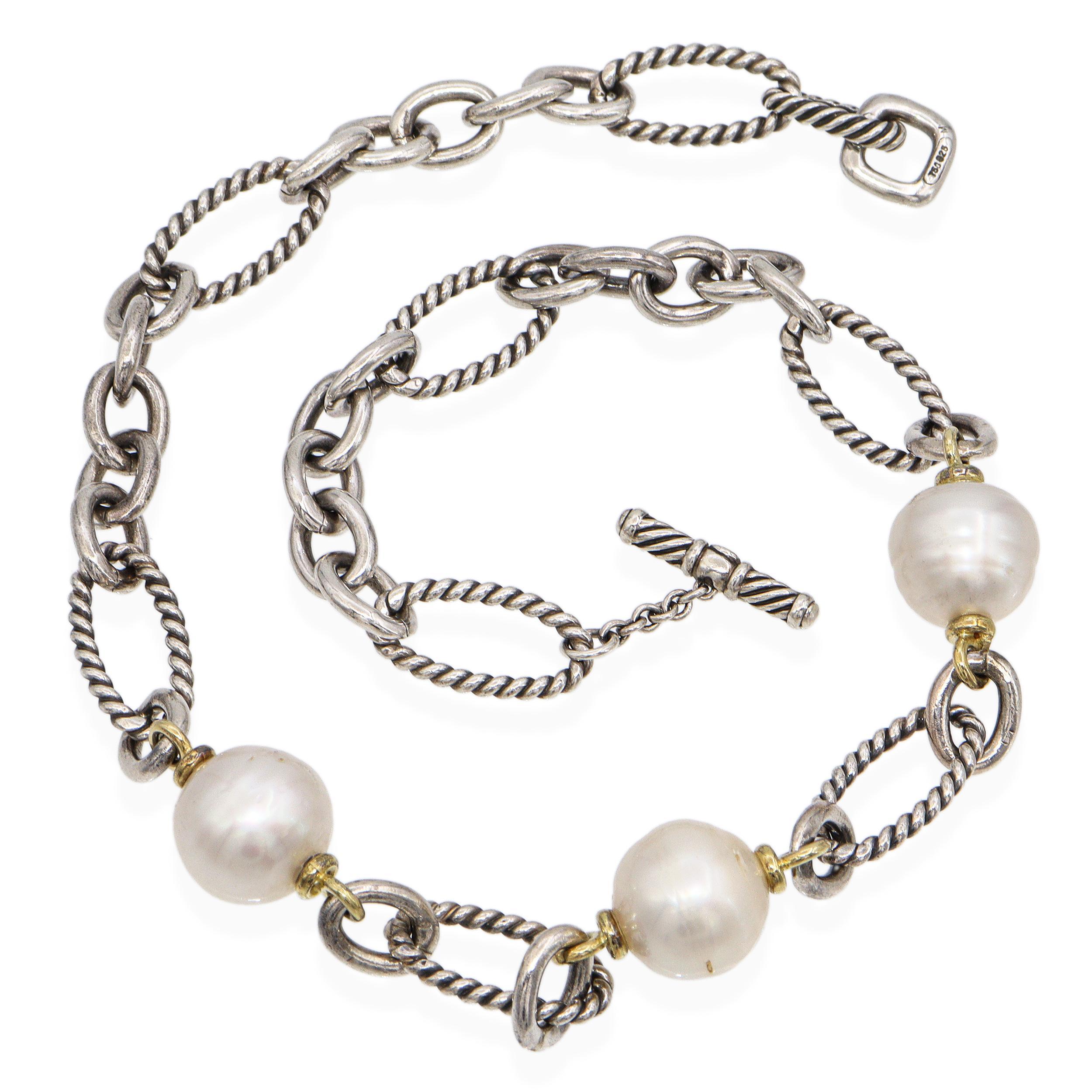 David Yurman Collar de plata de ley y oro amarillo de 18 quilates con estación de perlas en Bueno Estado en New York, NY